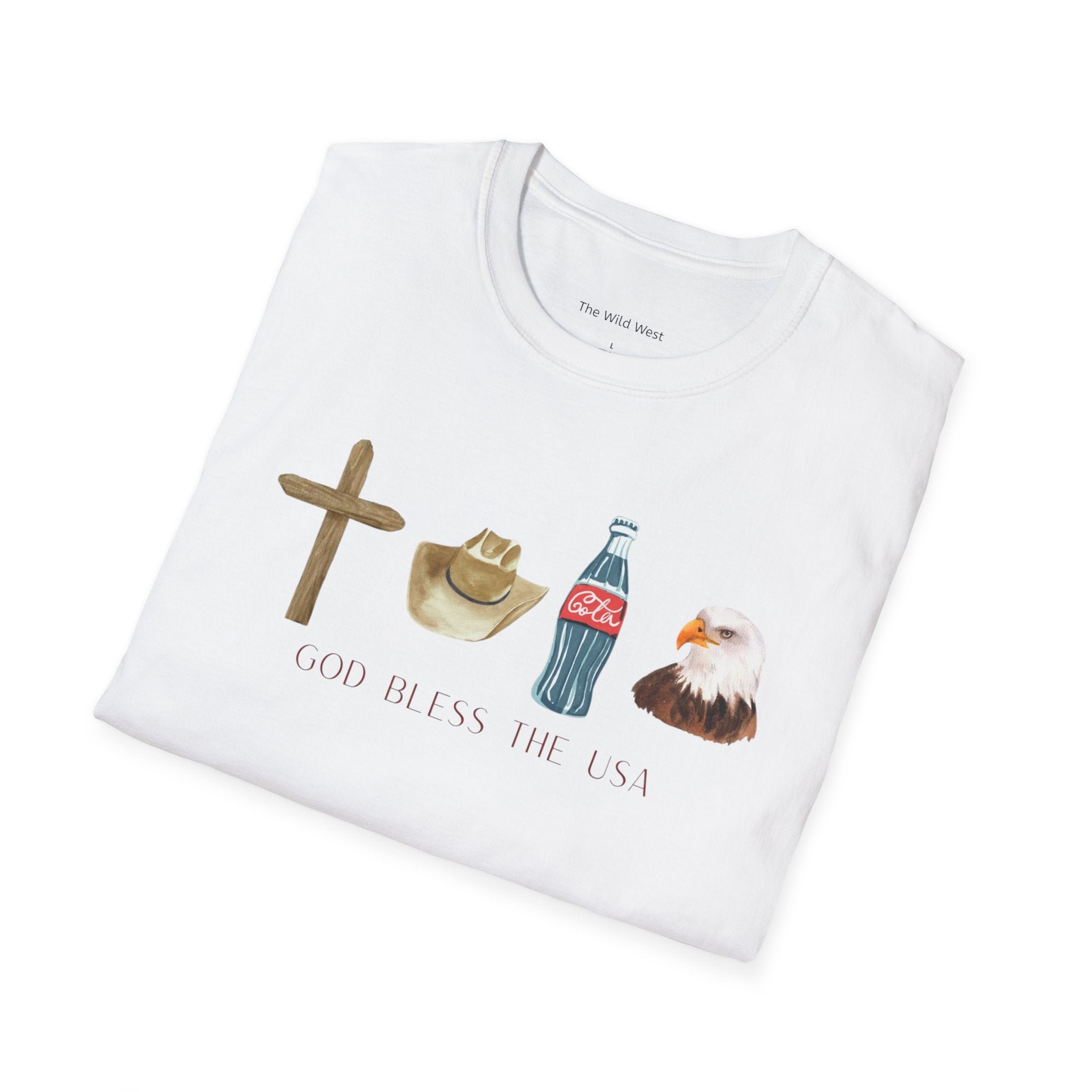 Patriotic Icons T‑Shirt — "God Bless The USA" Cross, Cowboy Hat, Coke & Eagle Design