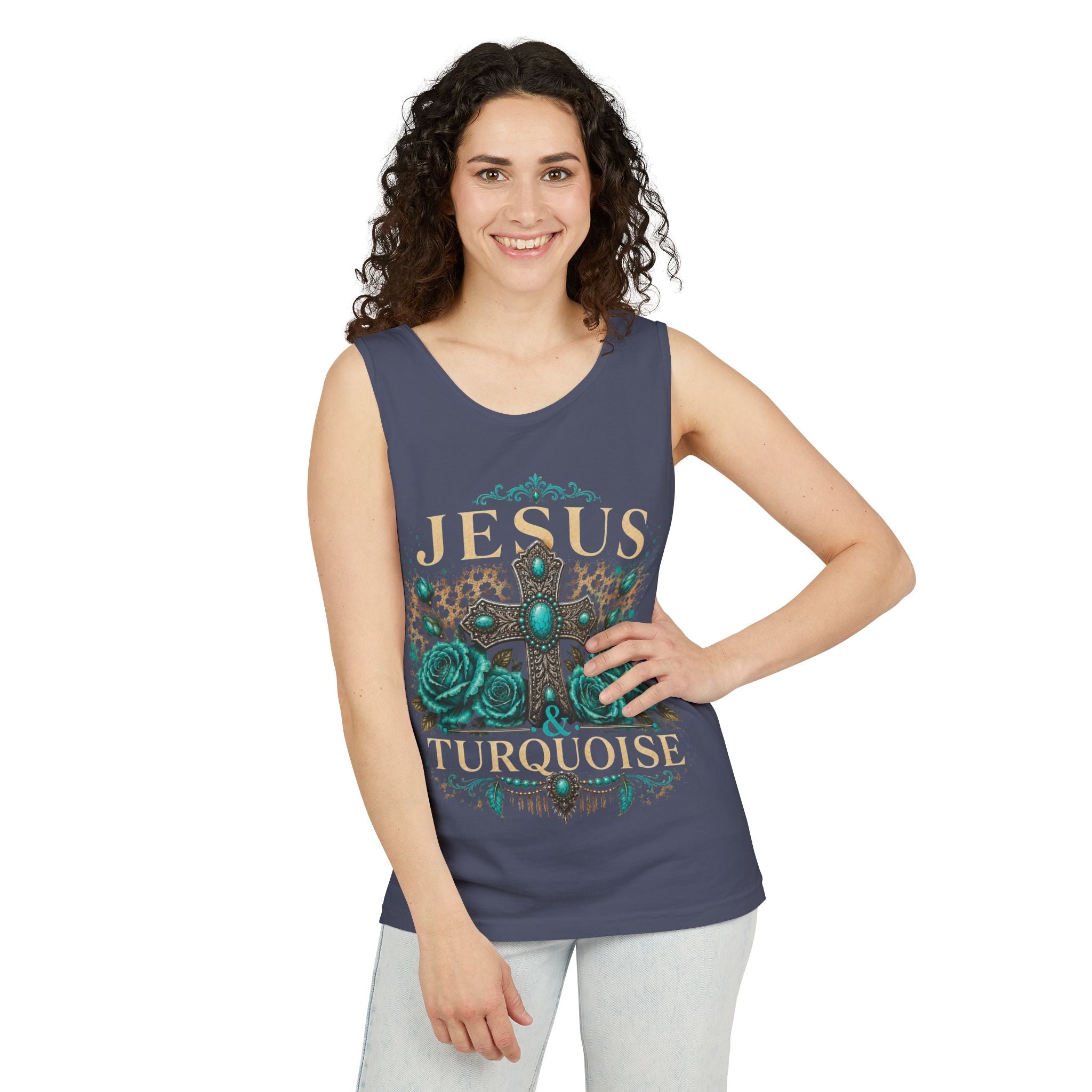 Jesus & Turquoise Tank Top — Floral Cross Christian Tank