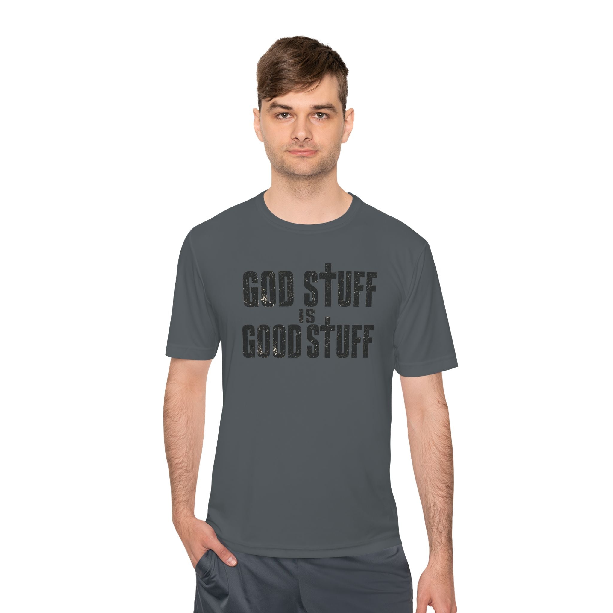 Christian Tee — "God Stuff Is Good Stuff" Psalm 34:8 Cross Graphic Moisture-Wicking Shirt