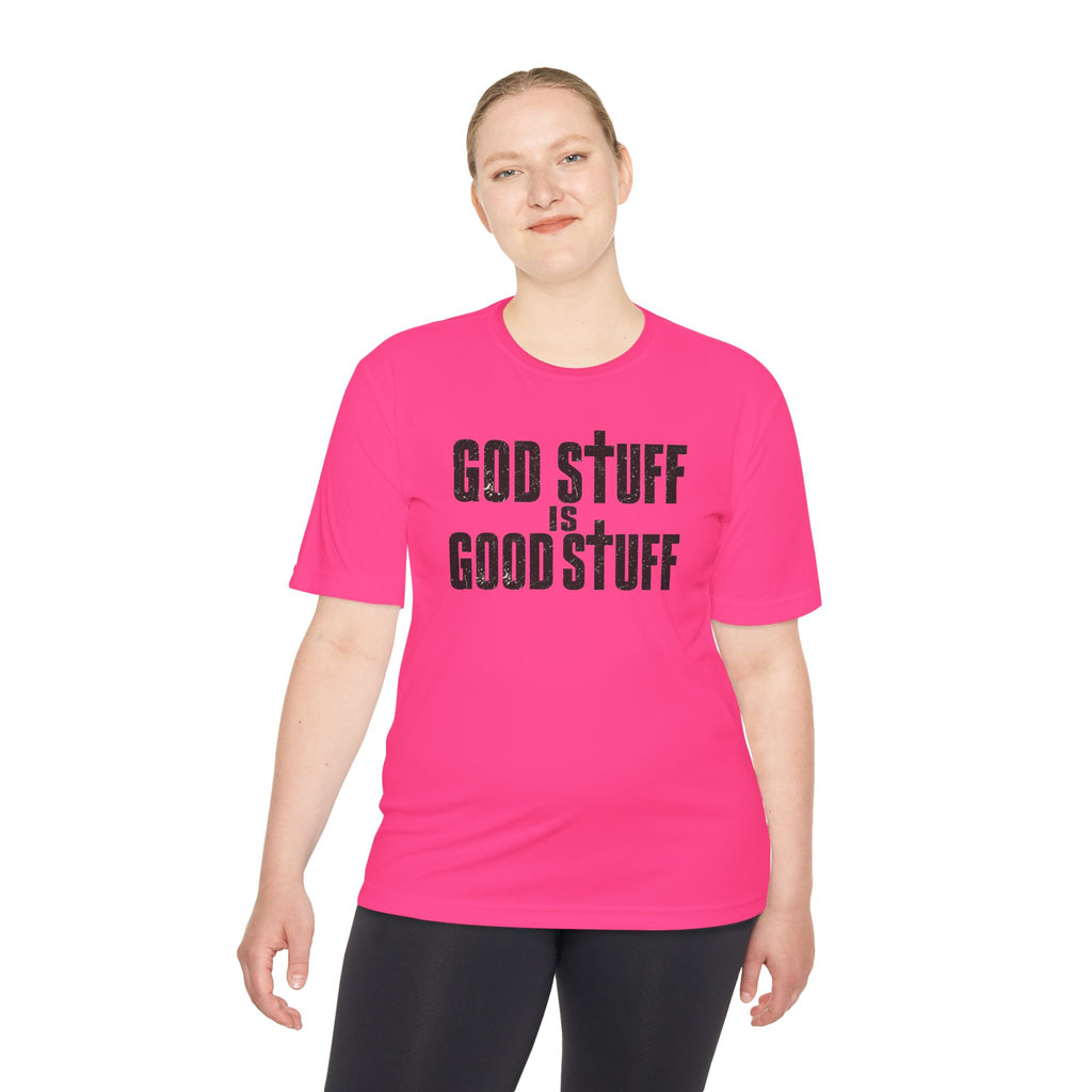 Christian Tee — "God Stuff Is Good Stuff" Psalm 34:8 Cross Graphic Moisture-Wicking Shirt