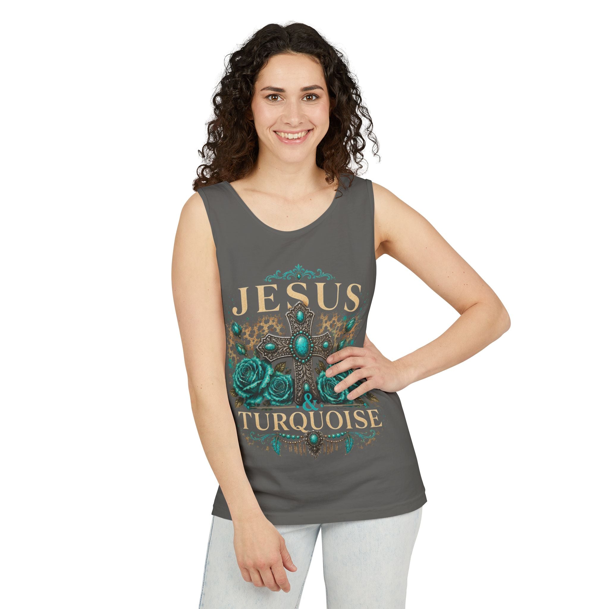 Jesus & Turquoise Tank Top — Floral Cross Christian Tank