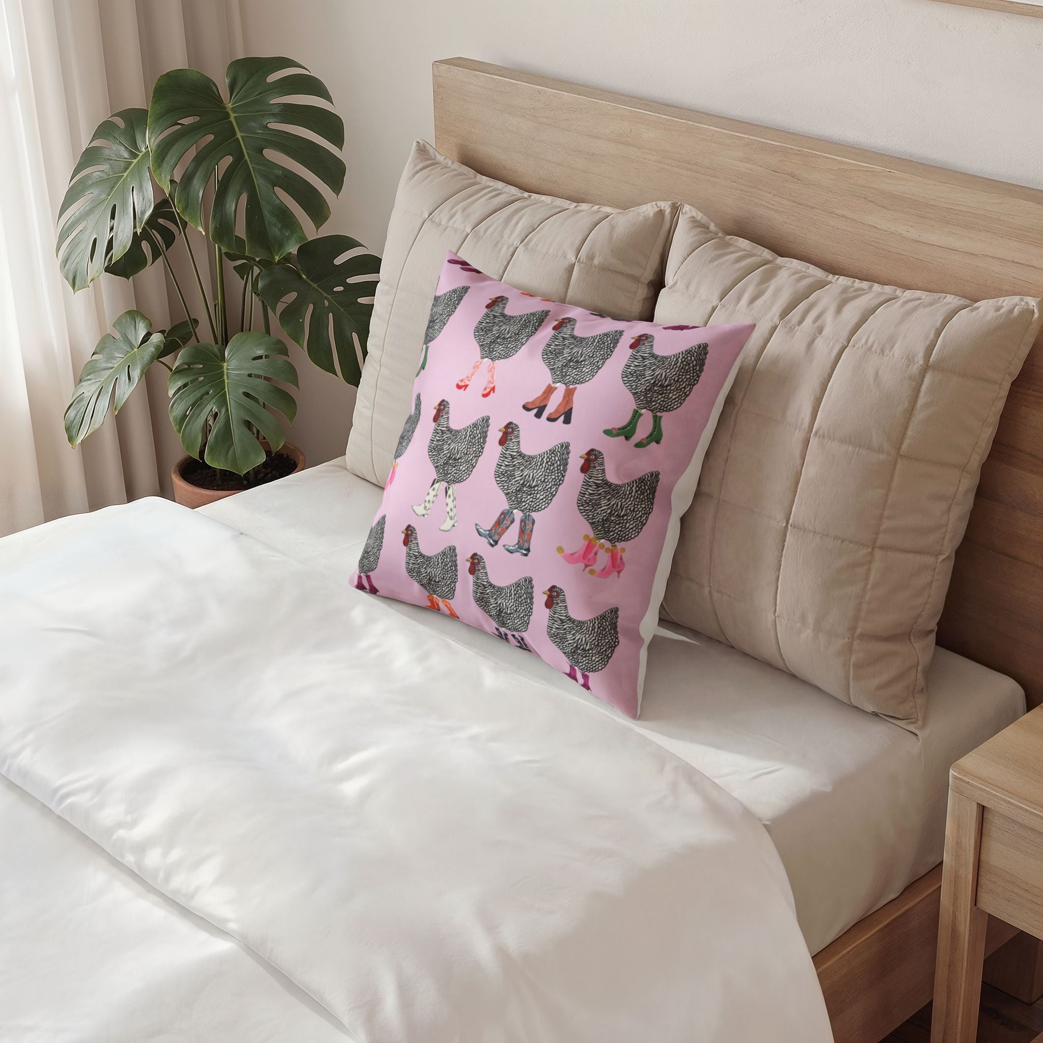 Chicken Pattern Velvet Pillow — Pink Farmhouse Decorative Throw Cushion