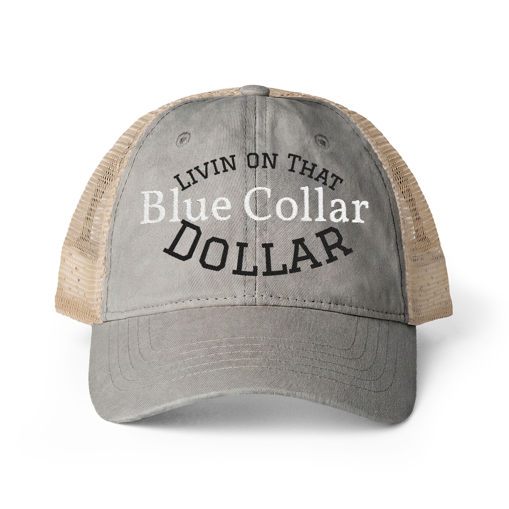 Livin on that Blue collar Dollar| Embroidery Women's Washed Mesh-Back Cap