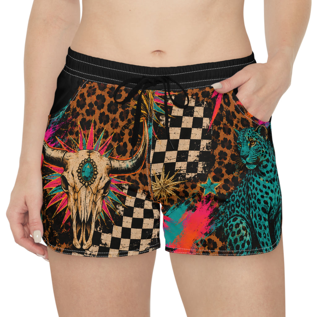 Cow head leopard checkered Women's Casual Shorts