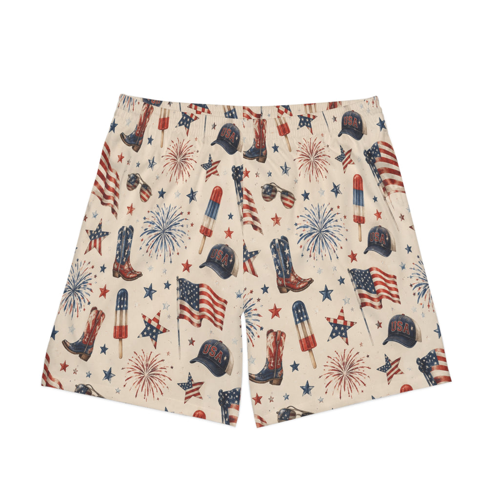 Patriotic Fourth of July Beach Shorts — American Flag Fireworks Print
