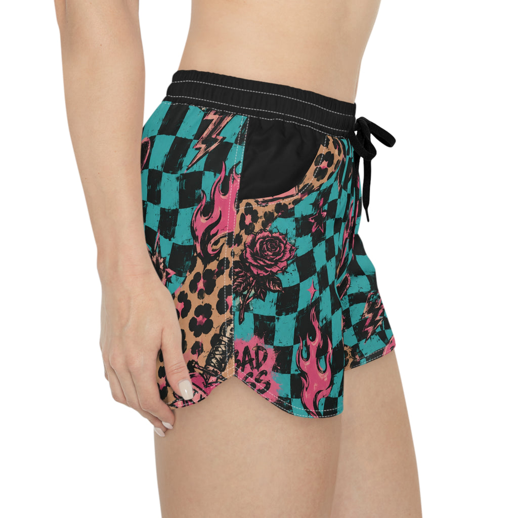 Checkerboard Leopard Print Women's Running Shorts — 'Don't Care' Punk Graphic