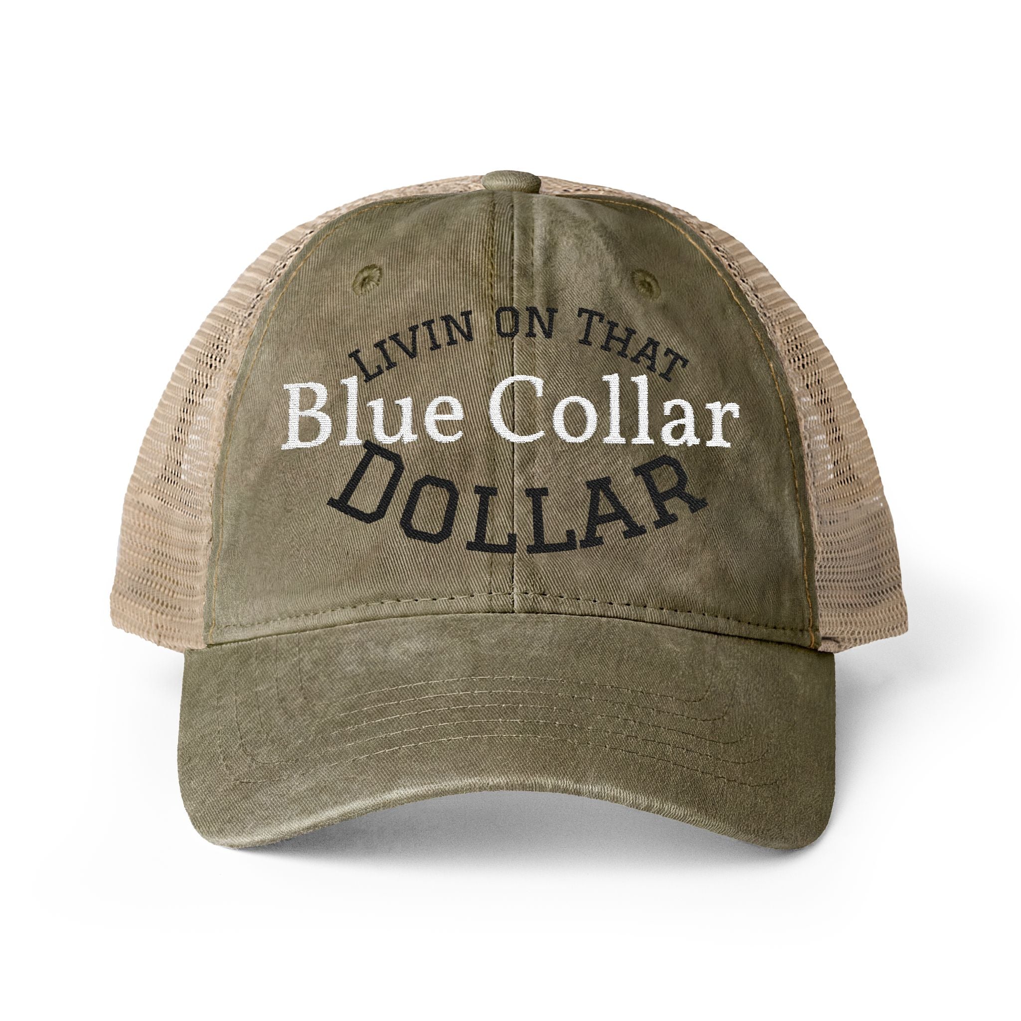 Livin on that Blue collar Dollar| Embroidery Women's Washed Mesh-Back Cap