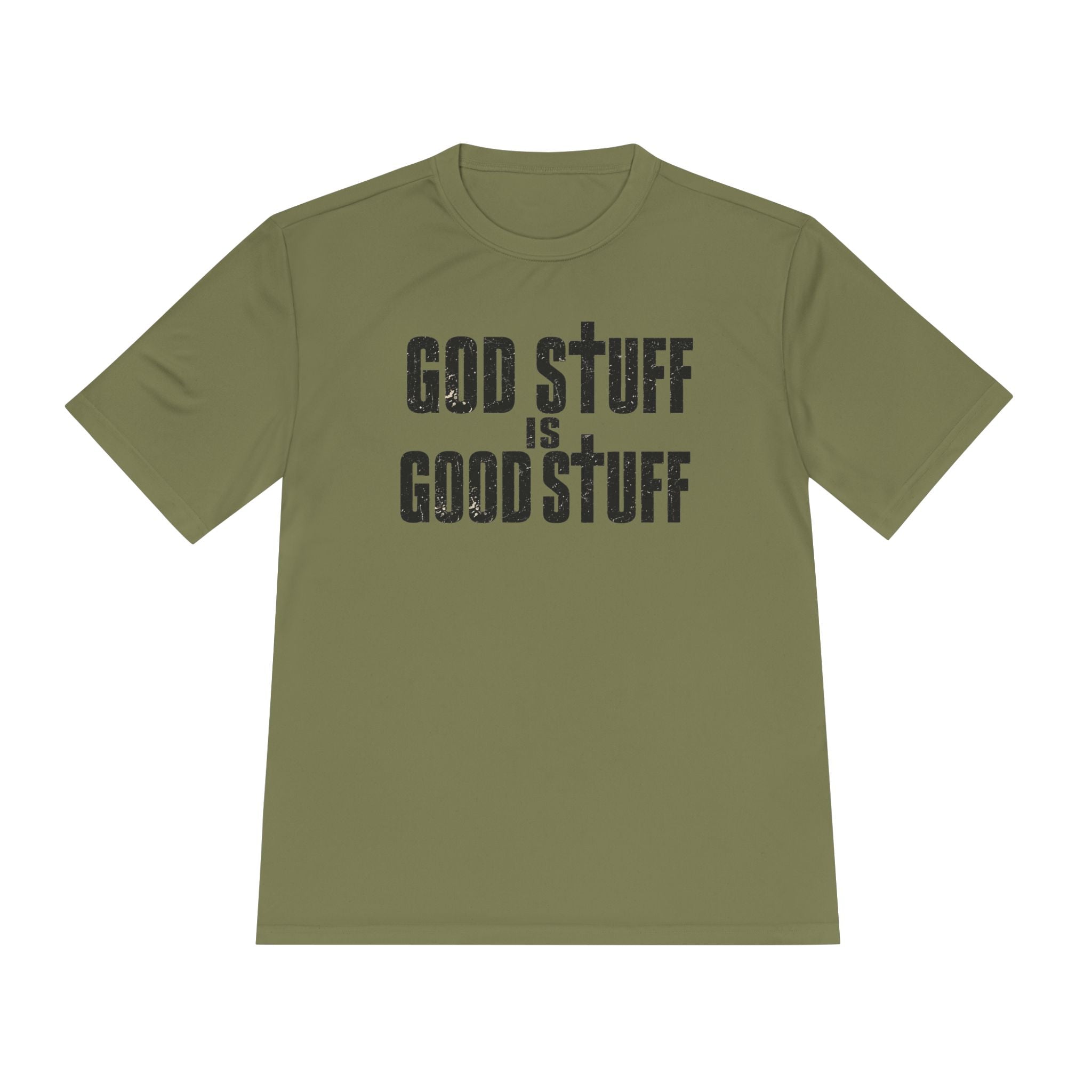 Christian Tee — "God Stuff Is Good Stuff" Psalm 34:8 Cross Graphic Moisture-Wicking Shirt