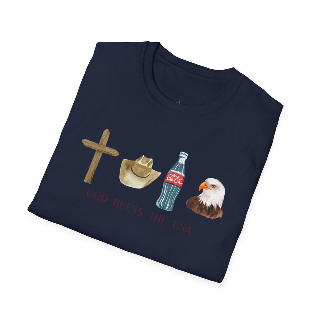 Patriotic Icons T‑Shirt — "God Bless The USA" Cross, Cowboy Hat, Coke & Eagle Design