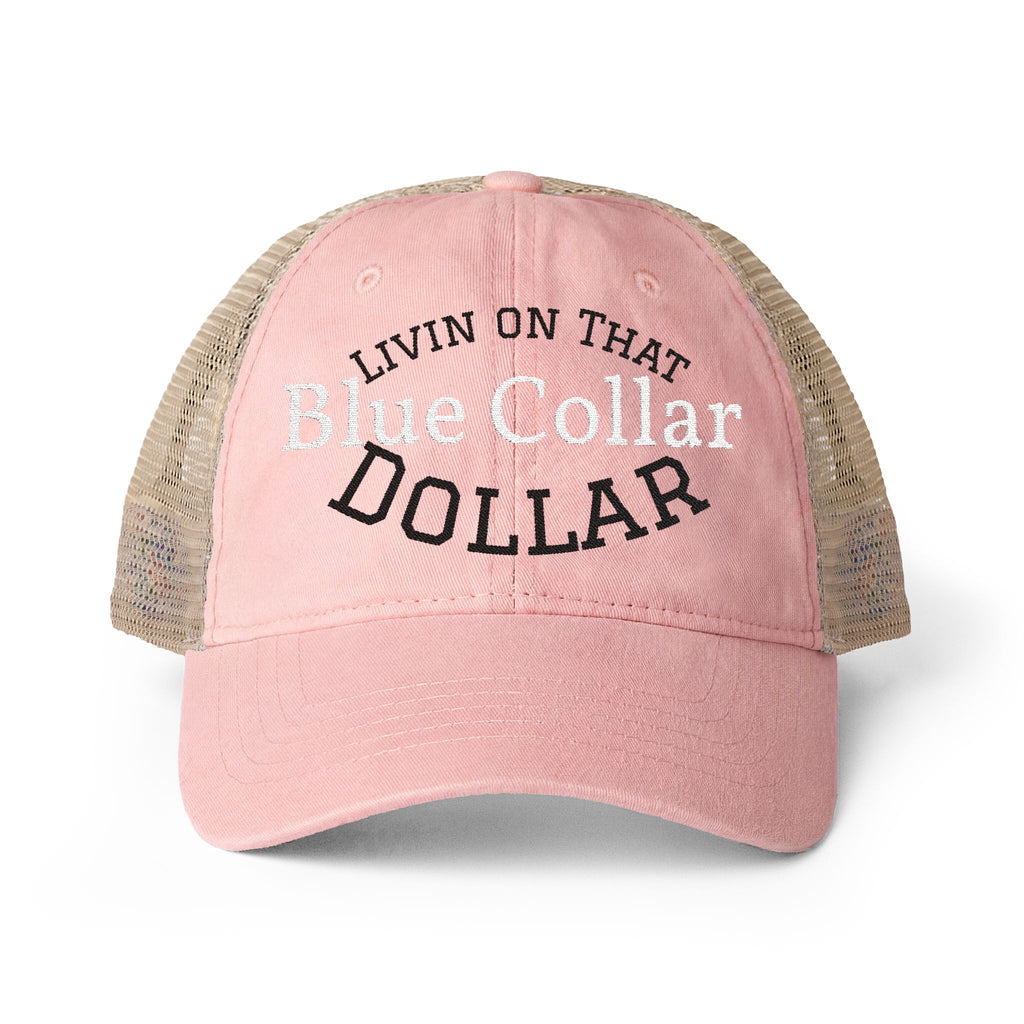 Livin on that Blue collar Dollar| Embroidery Women's Washed Mesh-Back Cap