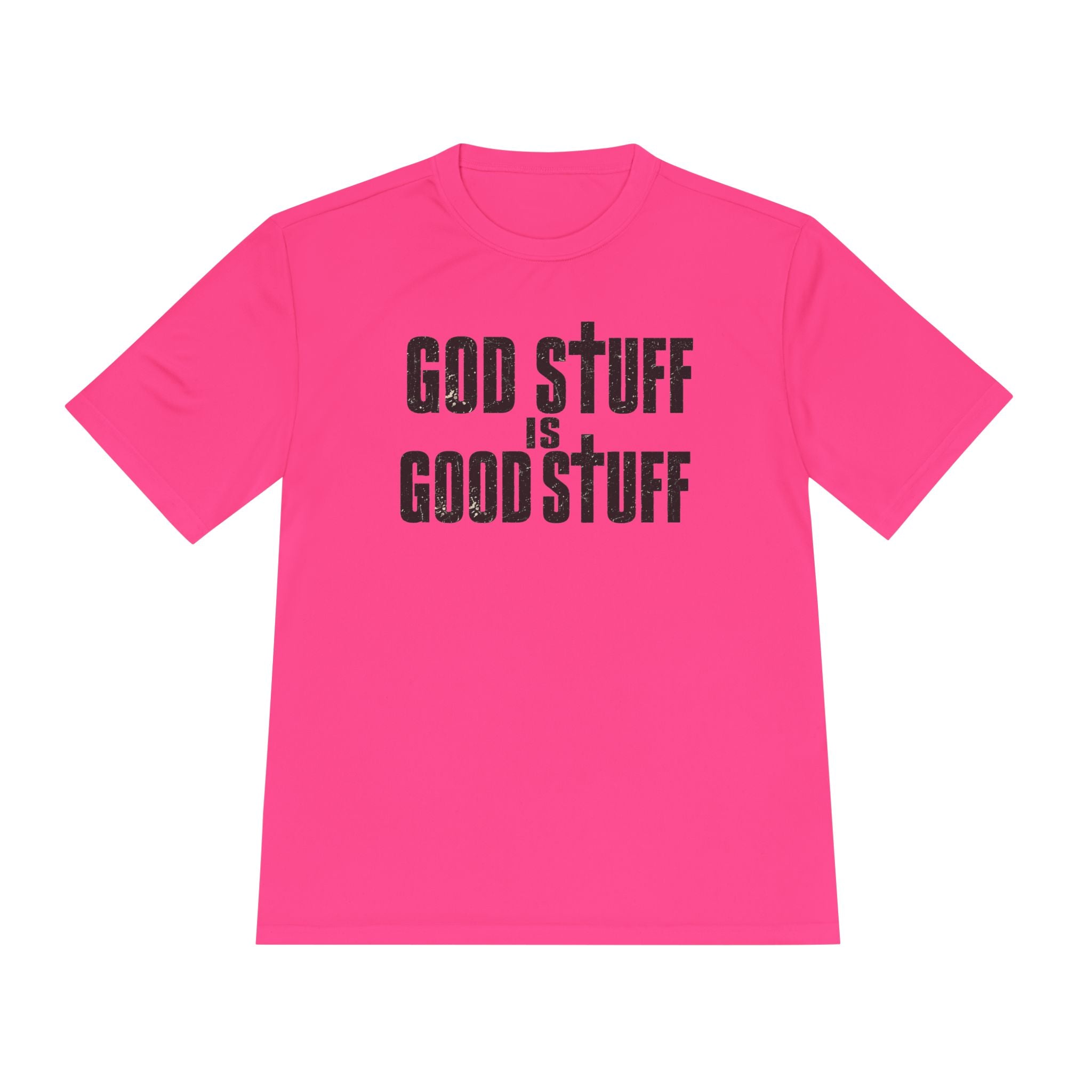 Christian Tee — "God Stuff Is Good Stuff" Psalm 34:8 Cross Graphic Moisture-Wicking Shirt