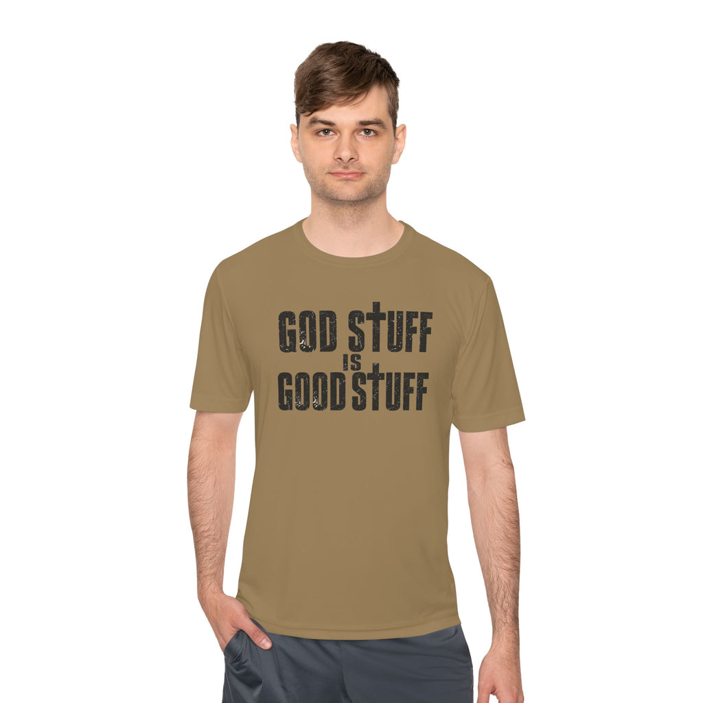 Christian Tee — "God Stuff Is Good Stuff" Psalm 34:8 Cross Graphic Moisture-Wicking Shirt