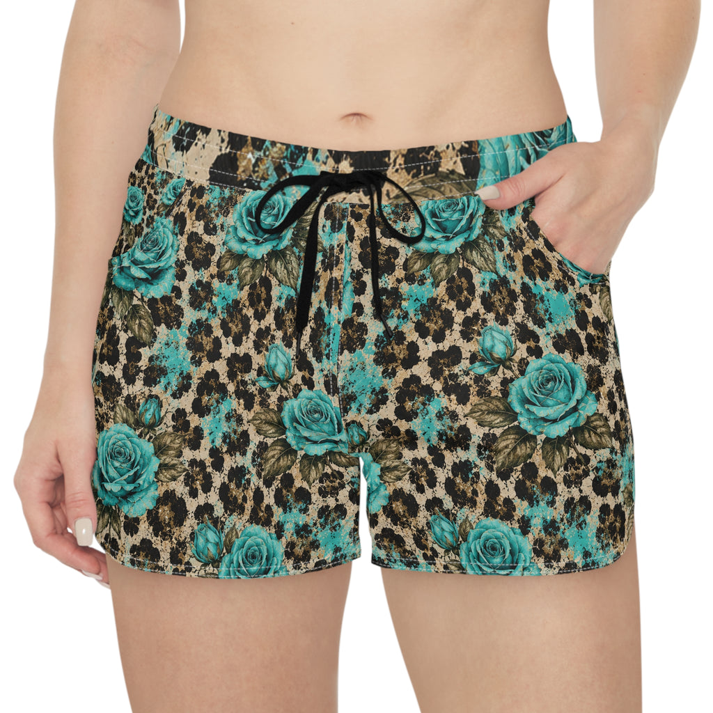 Teal Rose Leopard Print Casual Shorts – Women's Summer Lounge & Beachwear