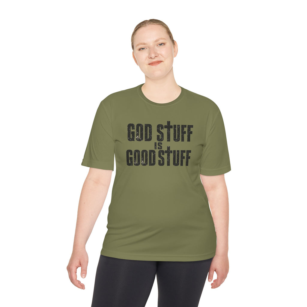Christian Tee — "God Stuff Is Good Stuff" Psalm 34:8 Cross Graphic Moisture-Wicking Shirt