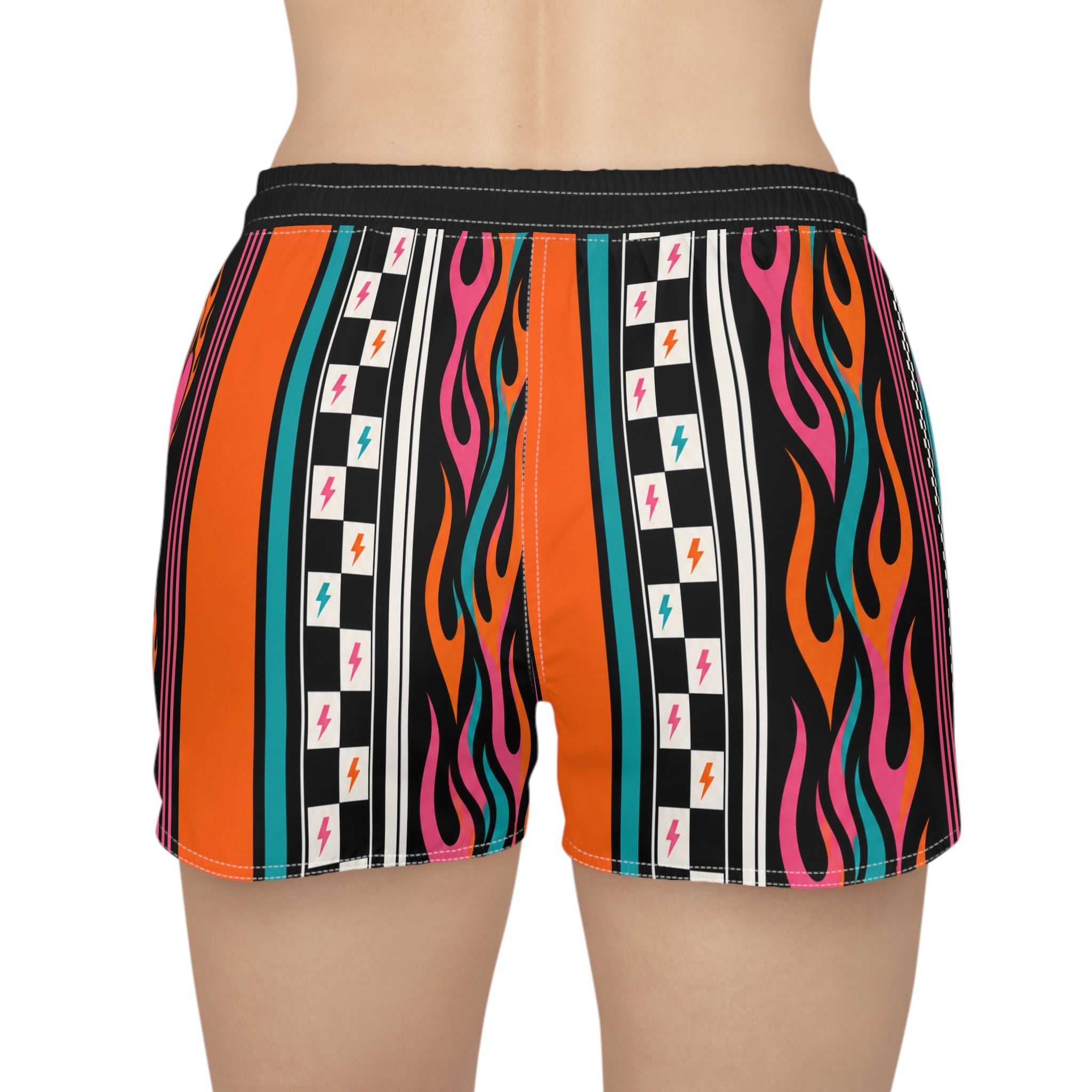 Flame Heart Stripe Casual Shorts — Women's Retro Racer Lounge Shorts