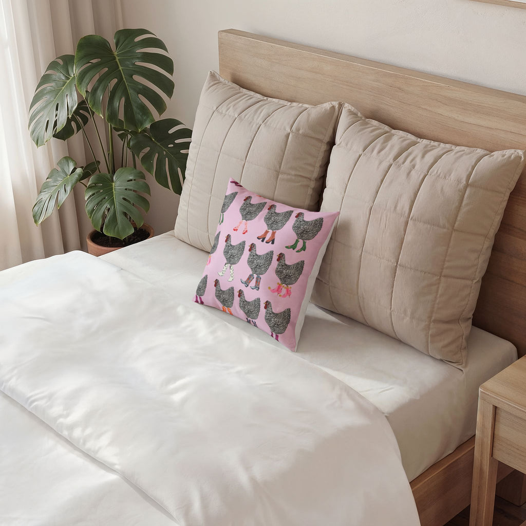 Chicken Pattern Velvet Pillow — Pink Farmhouse Decorative Throw Cushion
