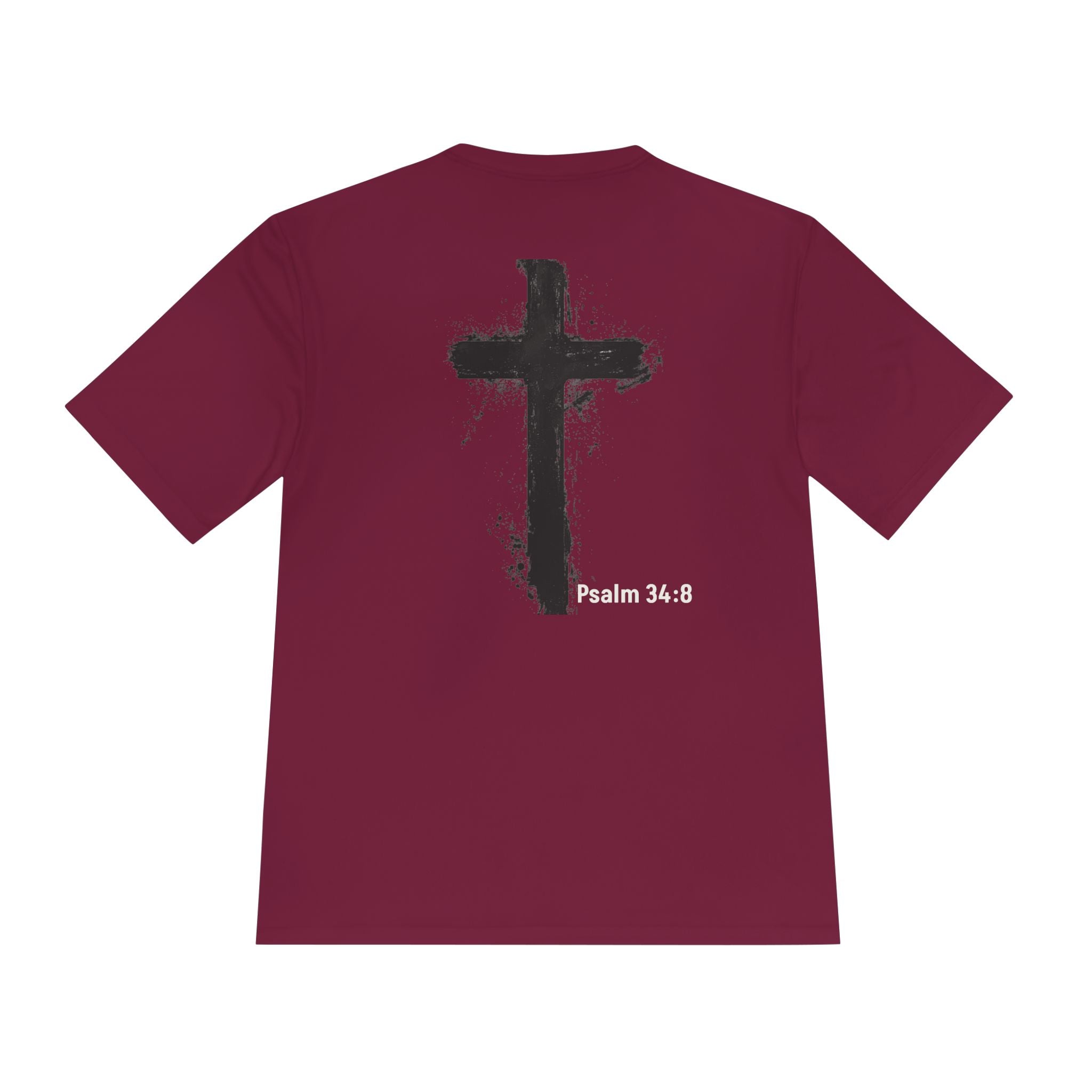 Christian Tee — "God Stuff Is Good Stuff" Psalm 34:8 Cross Graphic Moisture-Wicking Shirt