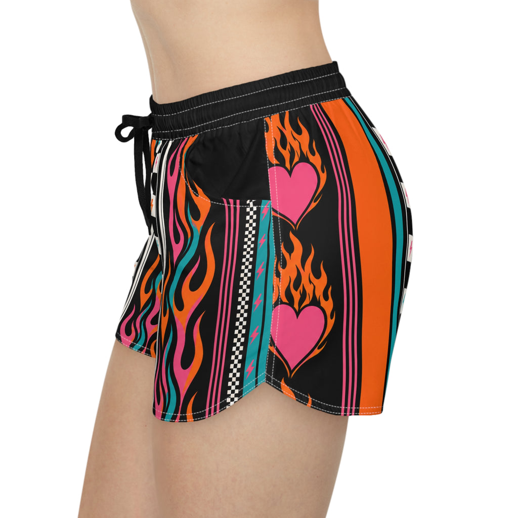 Flame Heart Stripe Casual Shorts — Women's Retro Racer Lounge Shorts