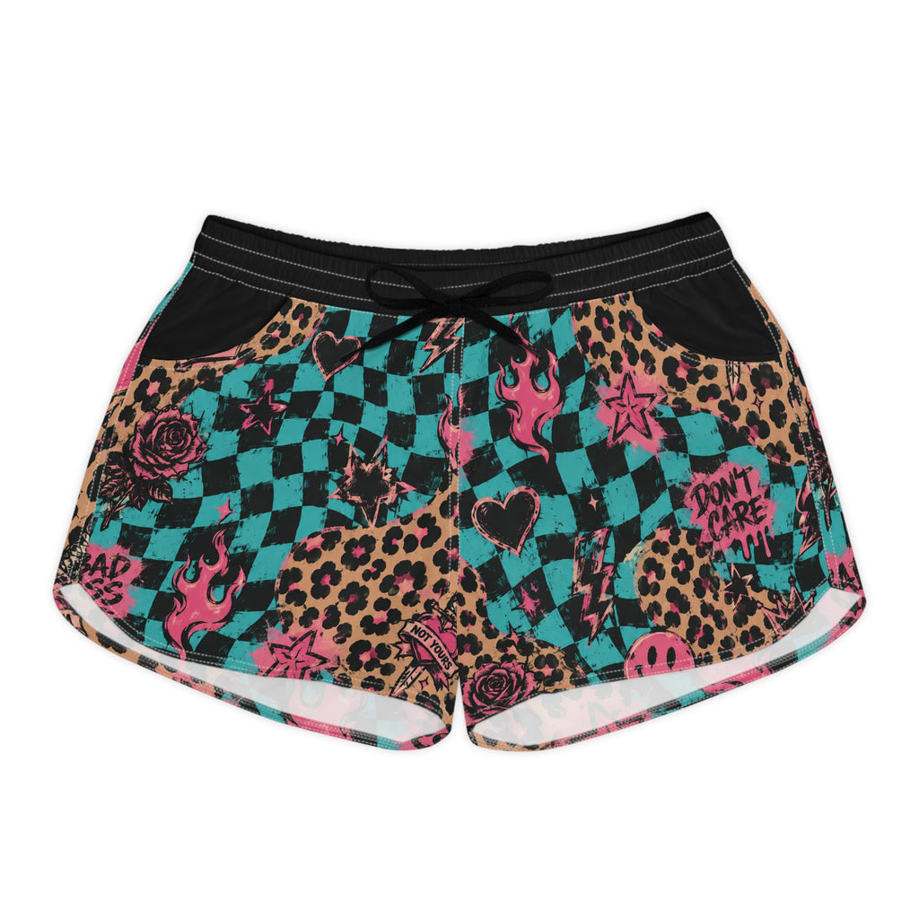 Checkerboard Leopard Print Women's Running Shorts — 'Don't Care' Punk Graphic