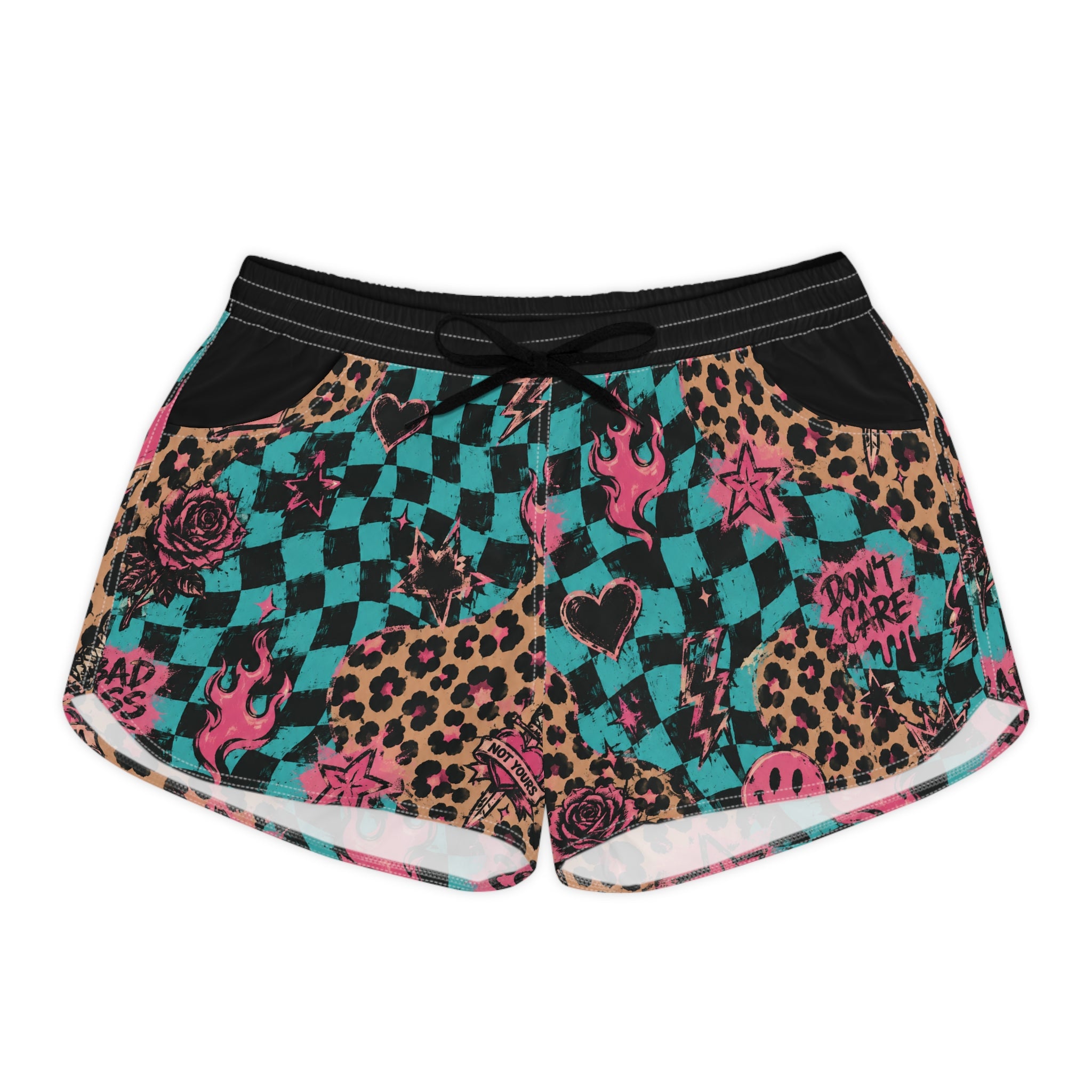 Checkerboard Leopard Print Women's Running Shorts — 'Don't Care' Punk Graphic