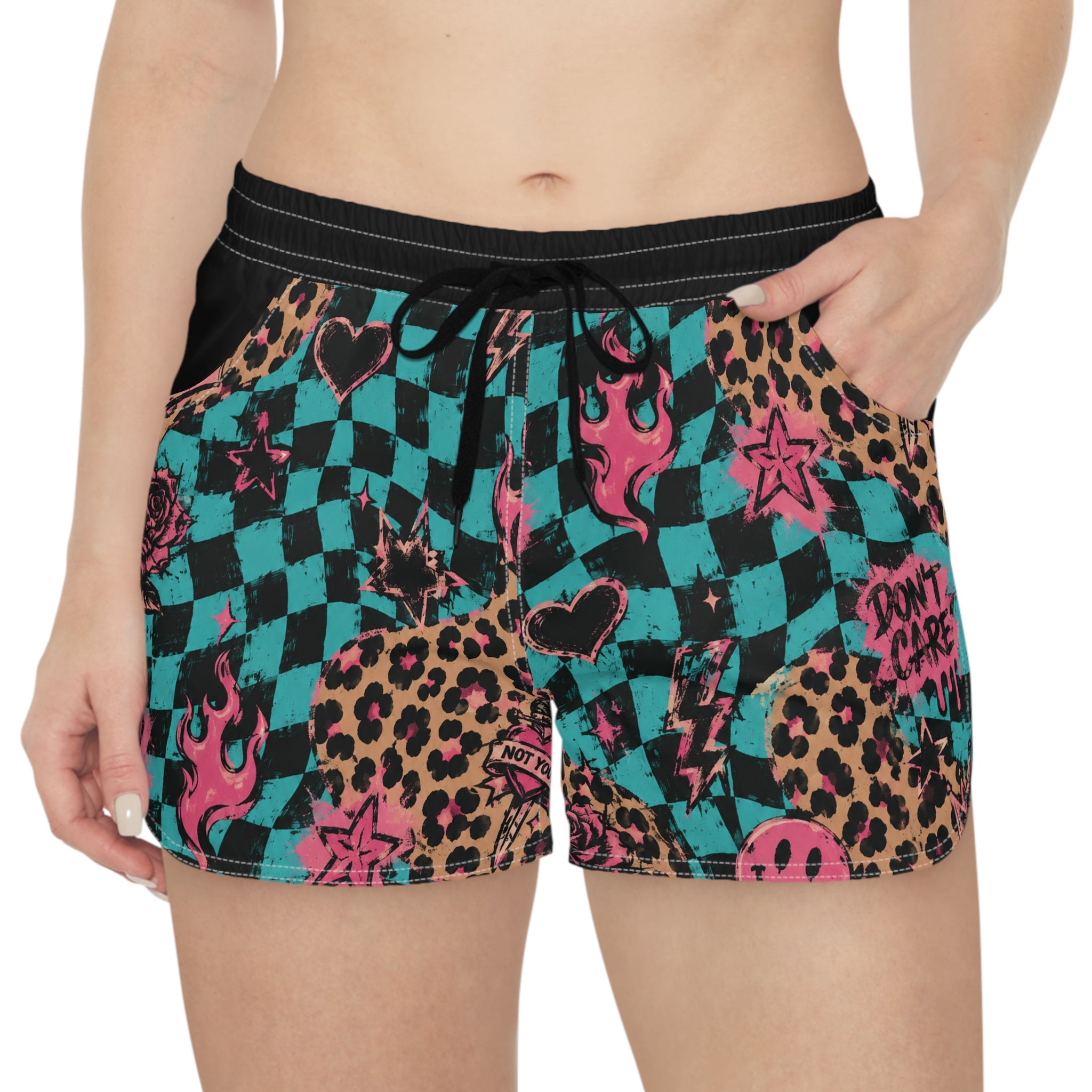 Checkerboard Leopard Print Women's Running Shorts — 'Don't Care' Punk Graphic