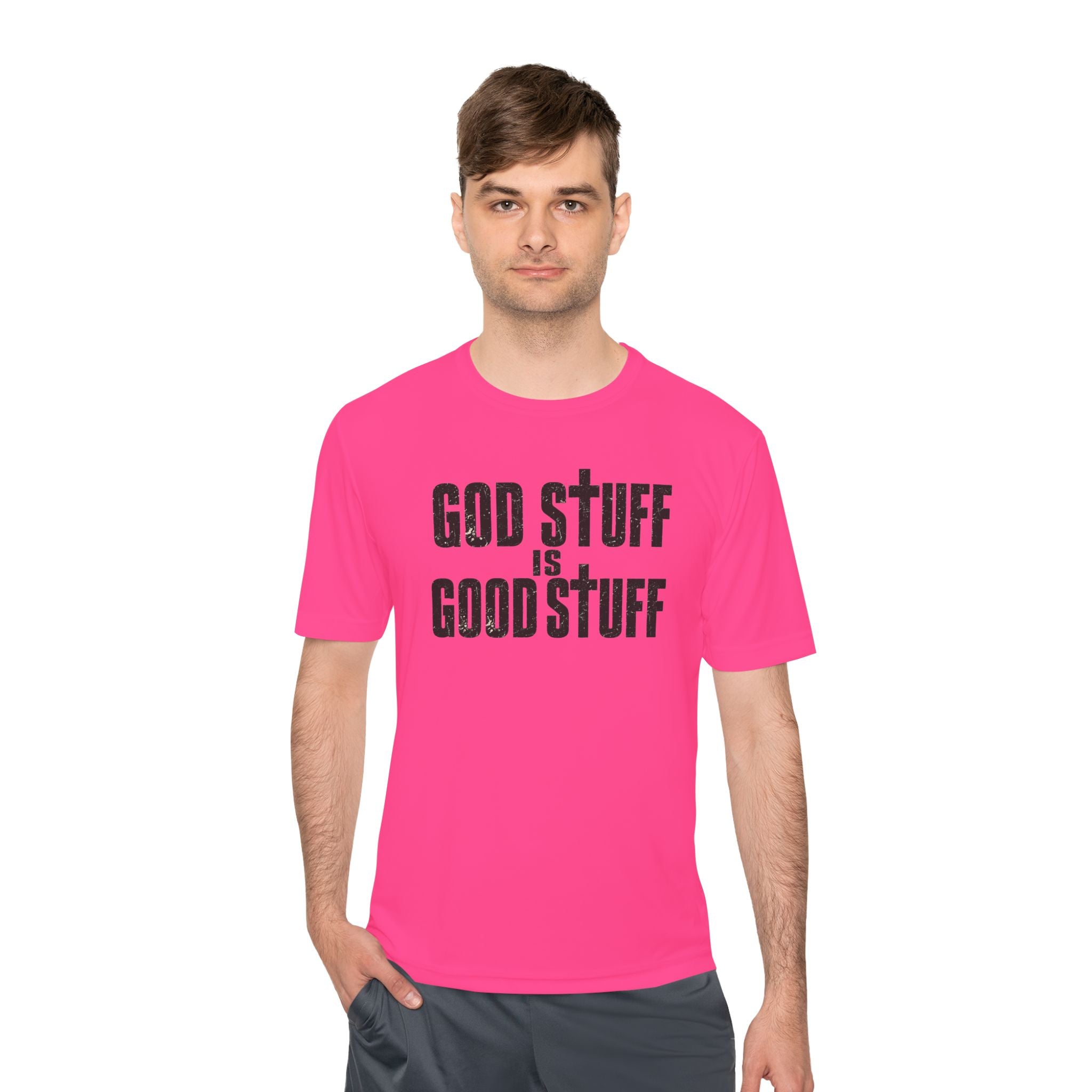 Christian Tee — "God Stuff Is Good Stuff" Psalm 34:8 Cross Graphic Moisture-Wicking Shirt