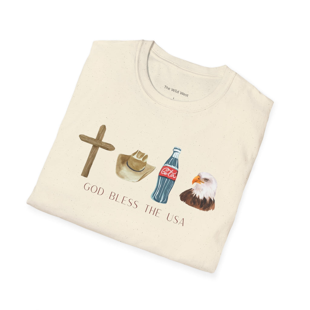 Patriotic Icons T‑Shirt — "God Bless The USA" Cross, Cowboy Hat, Coke & Eagle Design