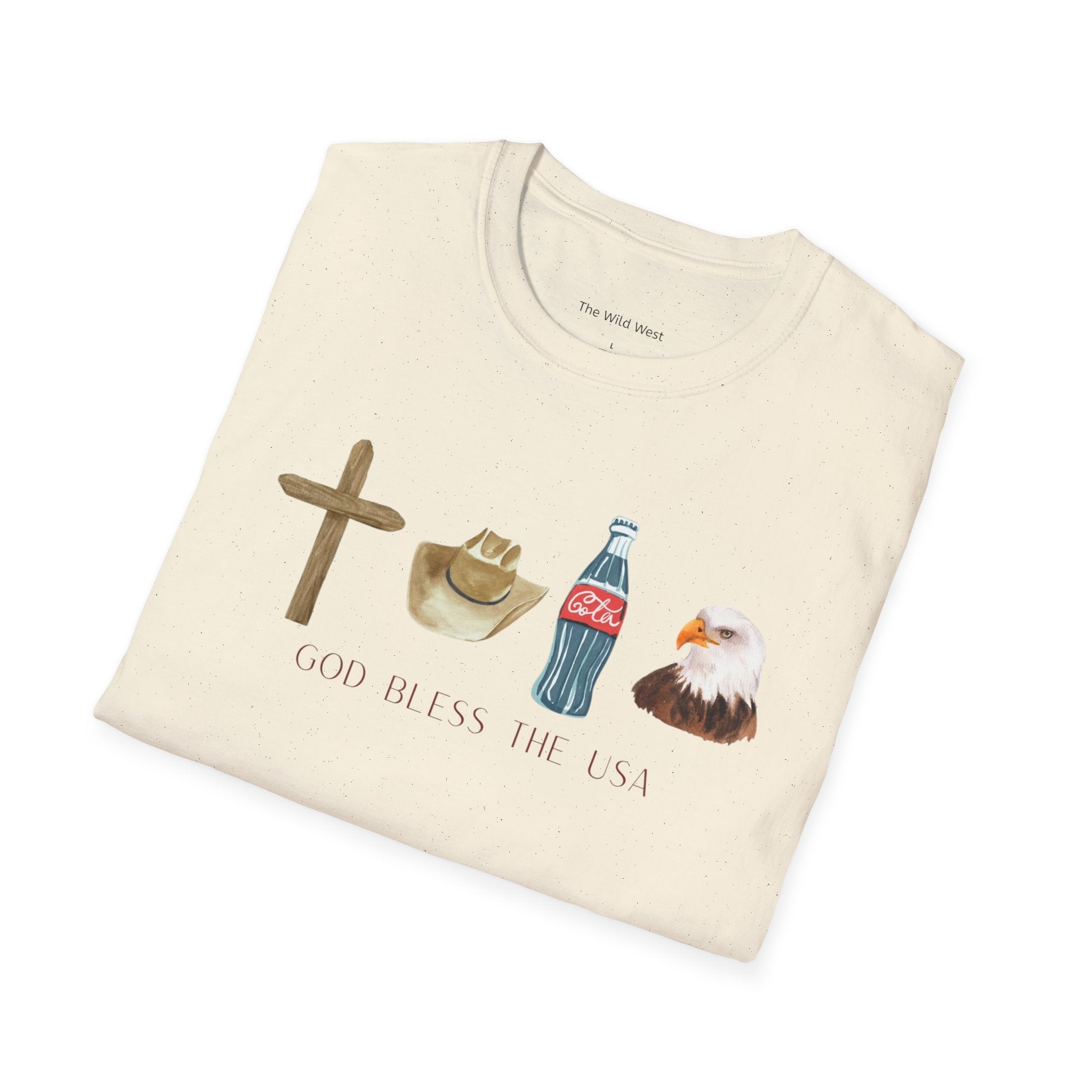 Patriotic Icons T‑Shirt — "God Bless The USA" Cross, Cowboy Hat, Coke & Eagle Design