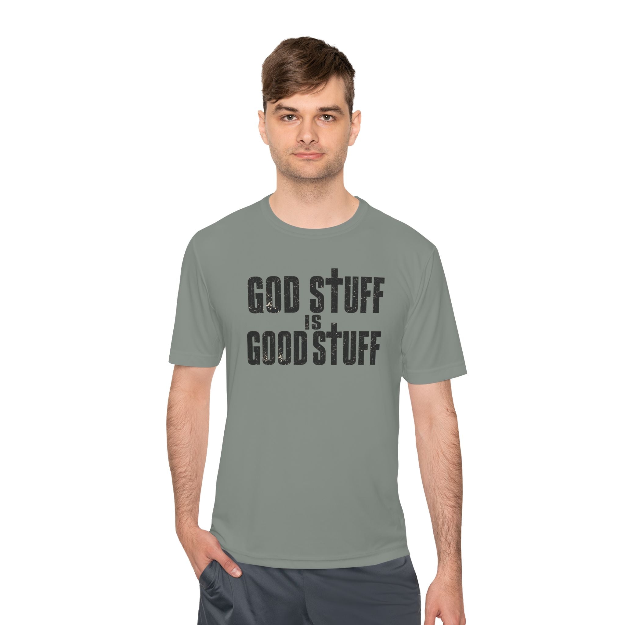 Christian Tee — "God Stuff Is Good Stuff" Psalm 34:8 Cross Graphic Moisture-Wicking Shirt