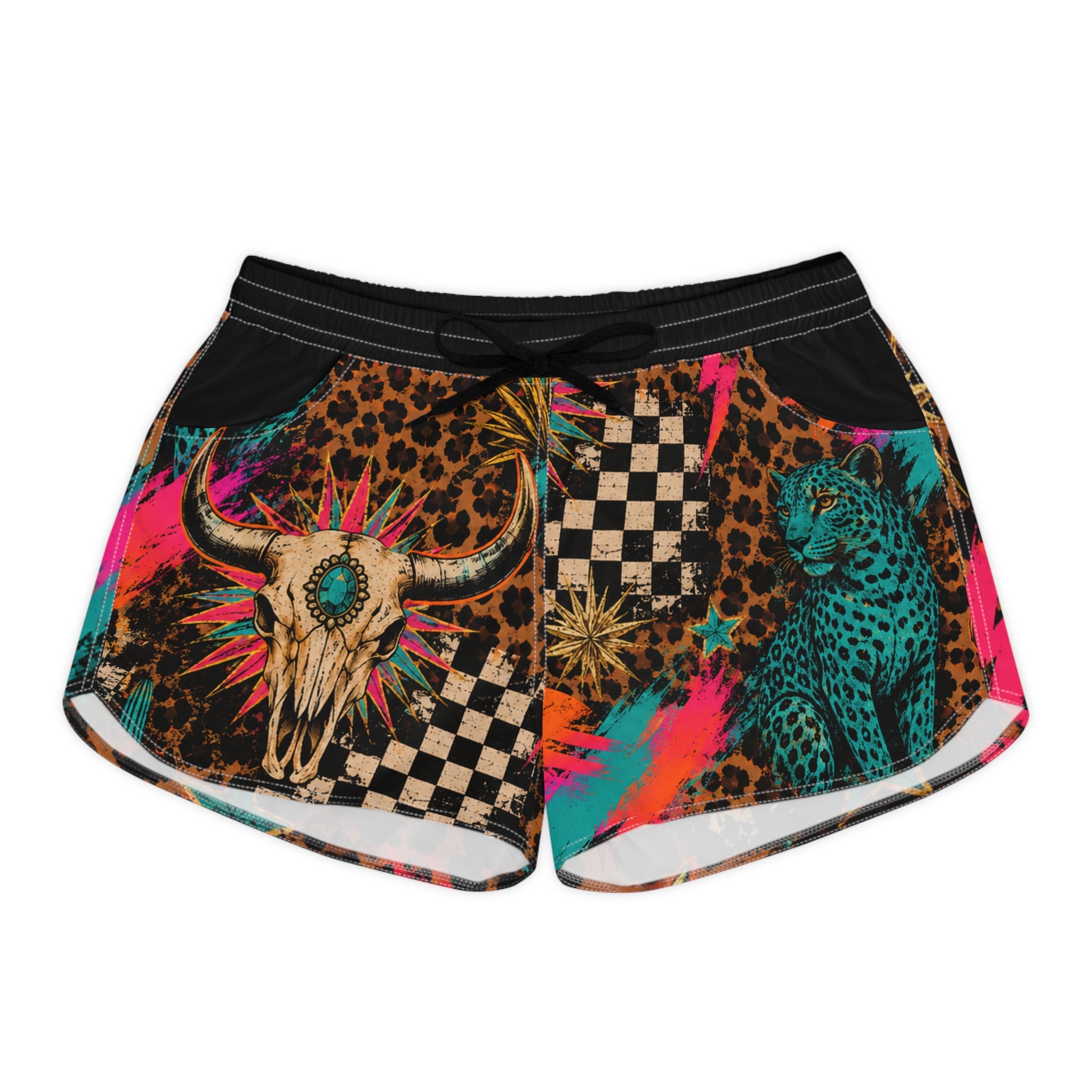 Cow head leopard checkered Women's Casual Shorts