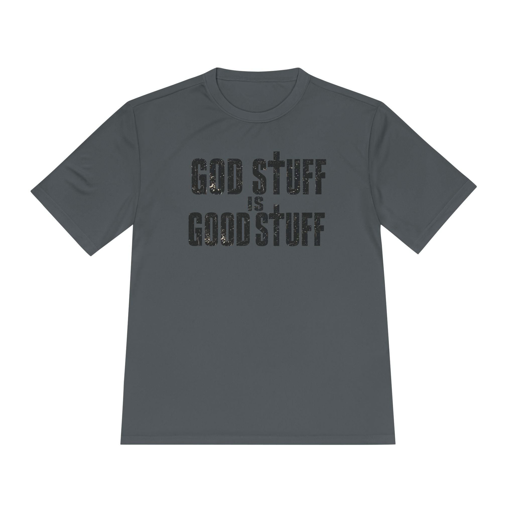 Christian Tee — "God Stuff Is Good Stuff" Psalm 34:8 Cross Graphic Moisture-Wicking Shirt