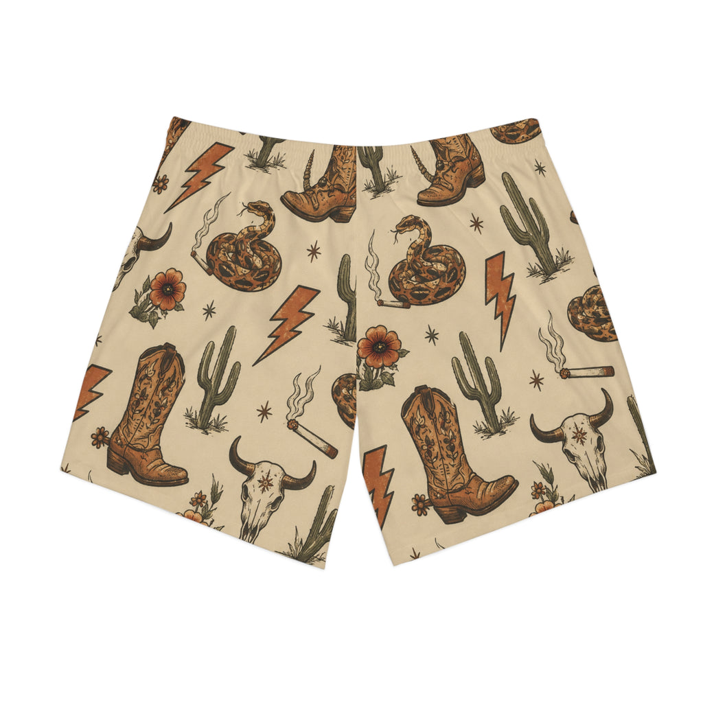 Western Desert Pattern Beach Shorts — Cowboy Boots, Snake & Cactus Print