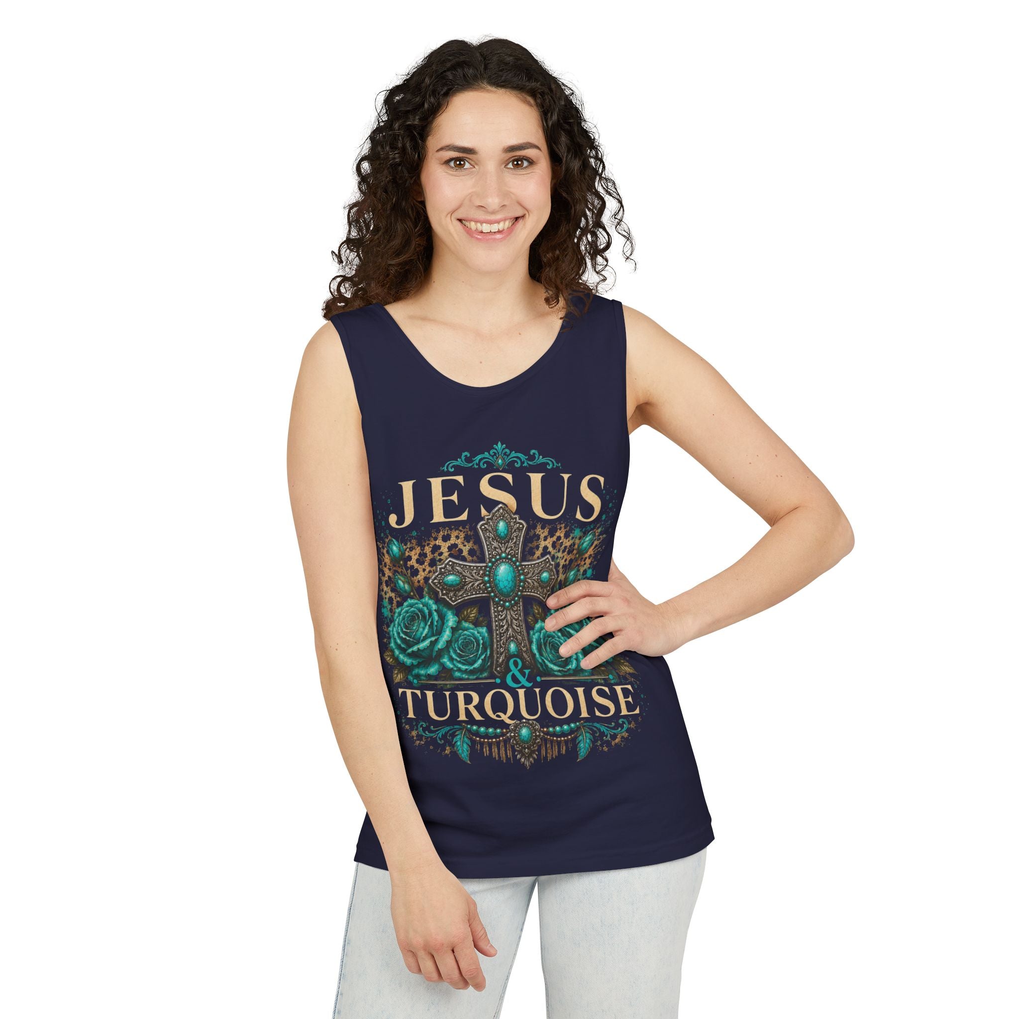 Jesus & Turquoise Tank Top — Floral Cross Christian Tank