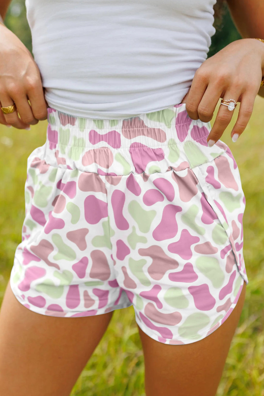 Sky Blue Camouflage Print Shirred High Waist Athleisure Shorts