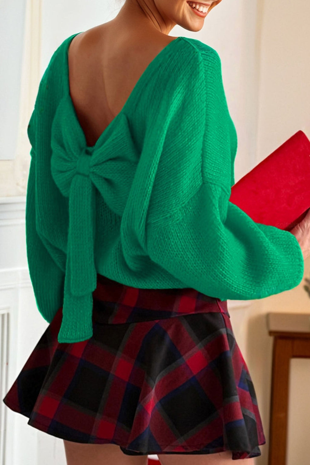 Black Bow Backless Bubble Sleeve Sweater