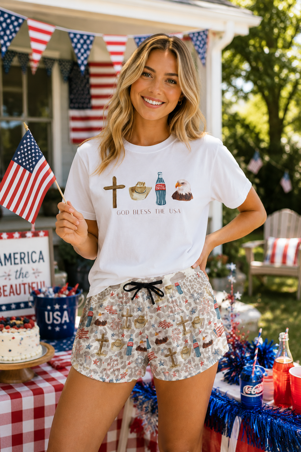 Patriotic Summer Print Shorts — 'God Bless The USA' All-Over Casual Women's Shorts