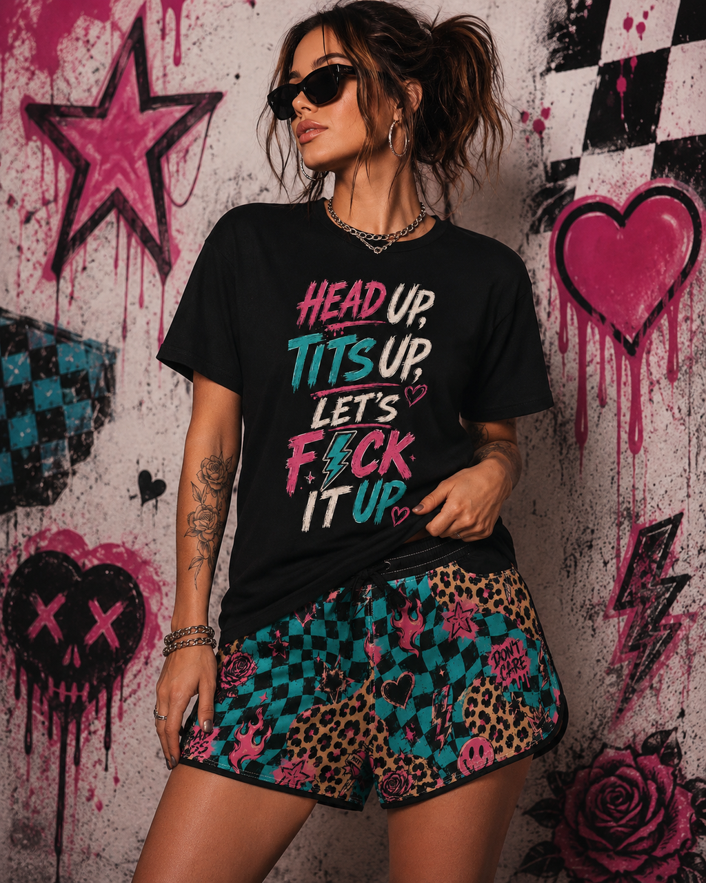 Graphic Tee — “Head Up, Tits Up, Let’s F*ck It Up” Bold Script Party Shirt