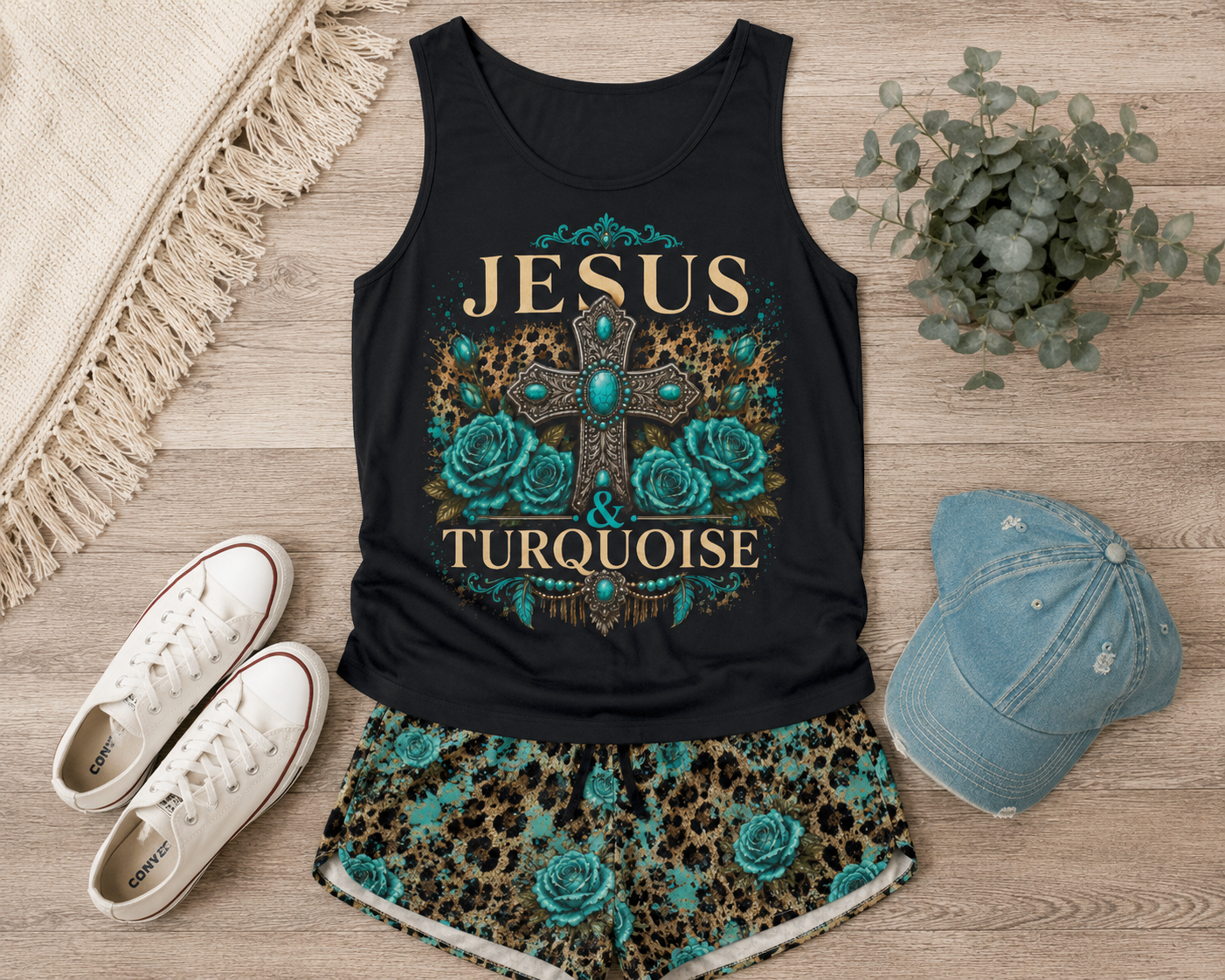 Jesus & Turquoise Tank Top — Floral Cross Christian Tank