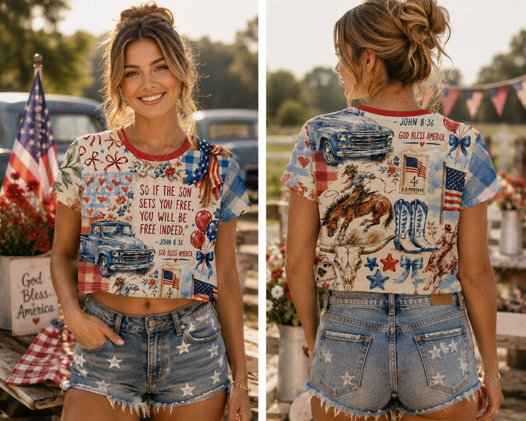 Patriotic Western Crop Tee — "So If the Son Sets You Free" Christian Americana