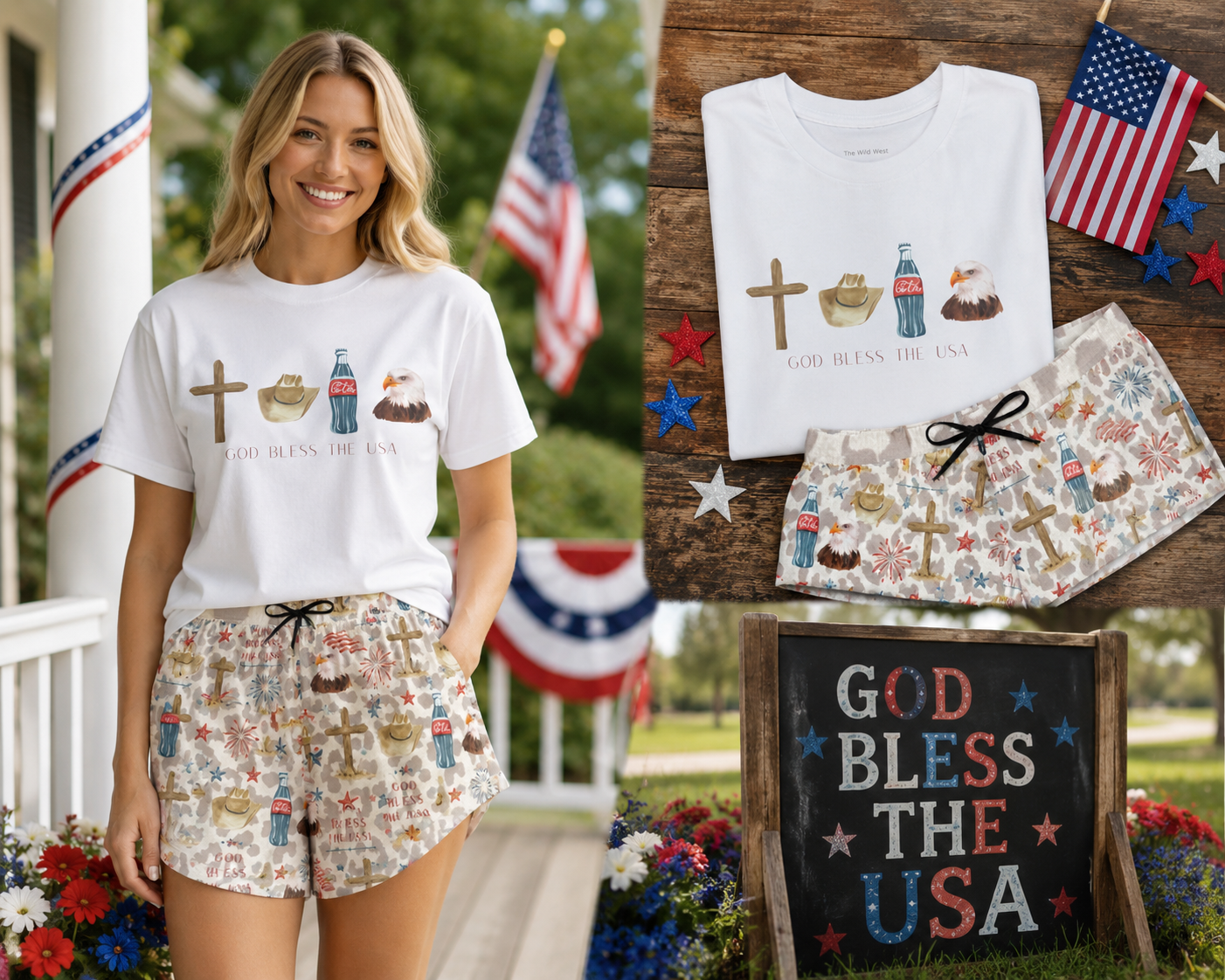 Patriotic Icons T‑Shirt — "God Bless The USA" Cross, Cowboy Hat, Coke & Eagle Design