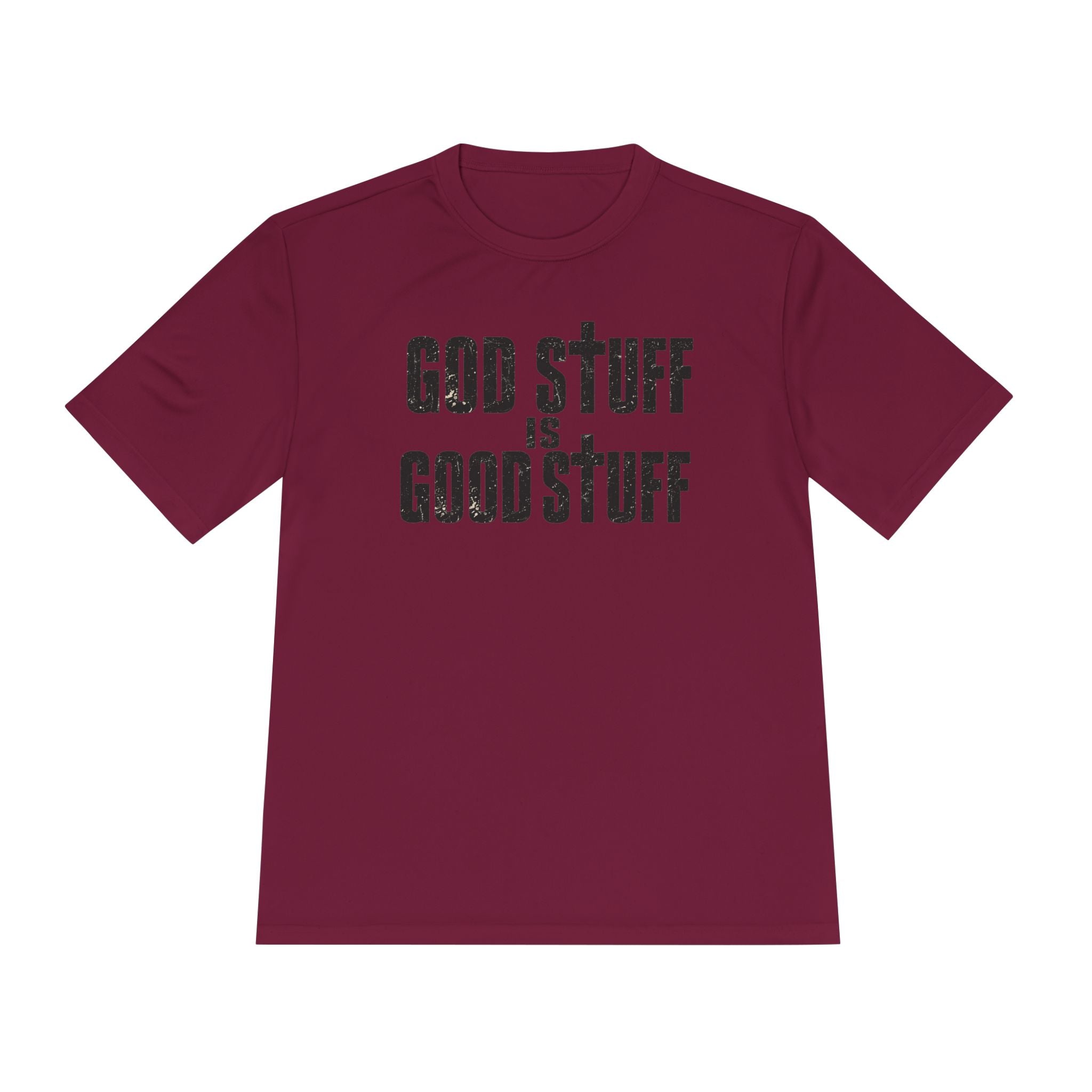 Christian Tee — "God Stuff Is Good Stuff" Psalm 34:8 Cross Graphic Moisture-Wicking Shirt