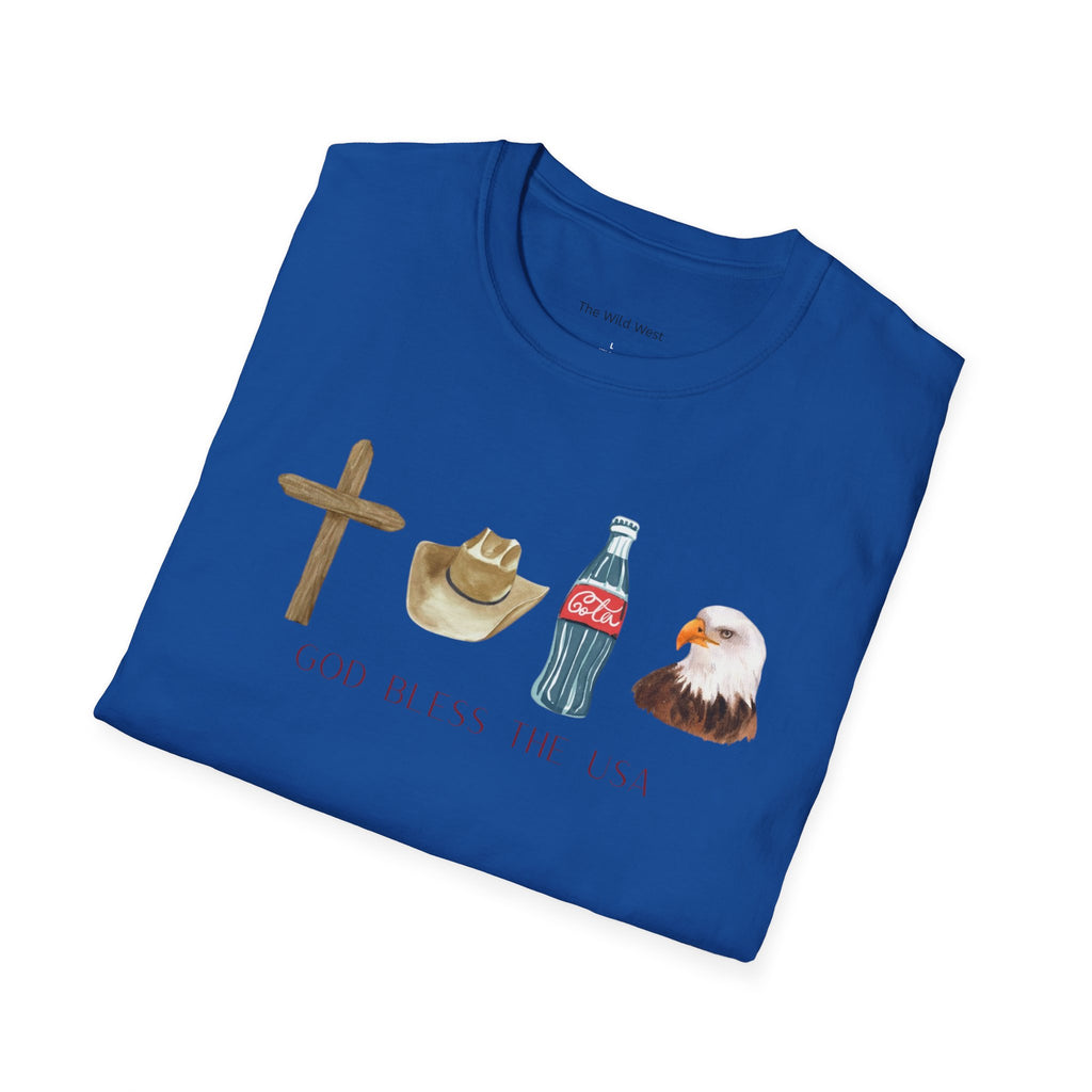 Patriotic Icons T‑Shirt — "God Bless The USA" Cross, Cowboy Hat, Coke & Eagle Design
