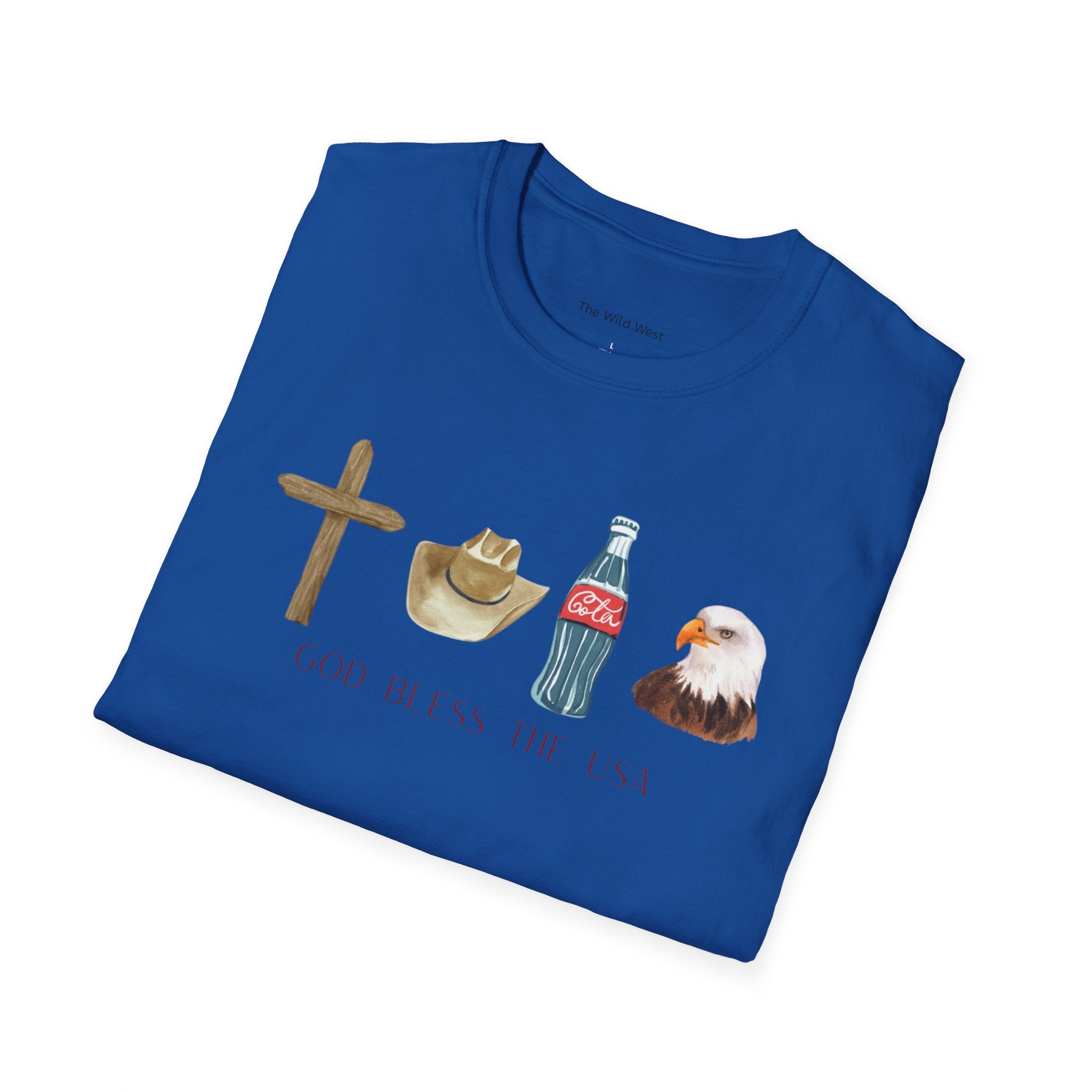 Patriotic Icons T‑Shirt — "God Bless The USA" Cross, Cowboy Hat, Coke & Eagle Design