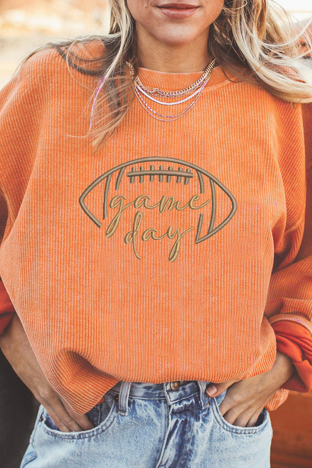 Black Football Graphic Game Day Embroidered Corded Sweatshirt