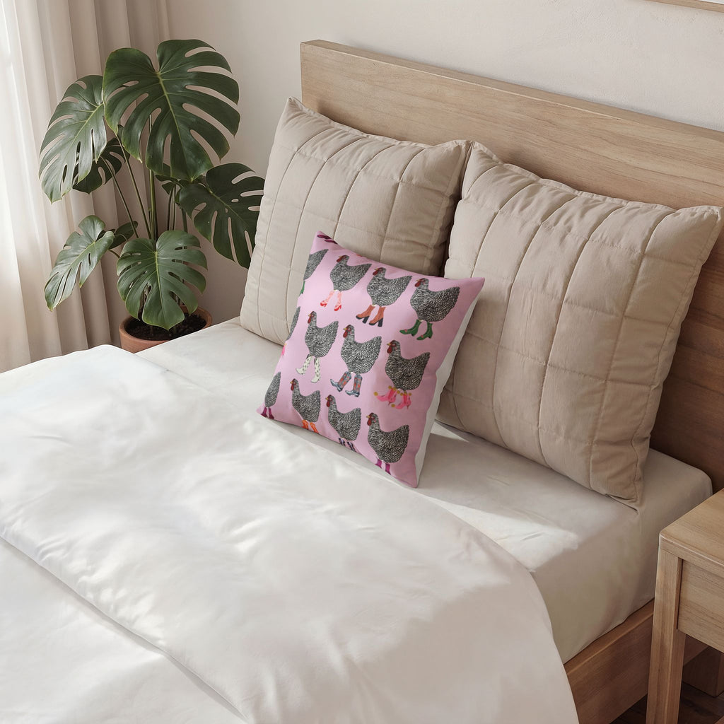 Chicken Pattern Velvet Pillow — Pink Farmhouse Decorative Throw Cushion