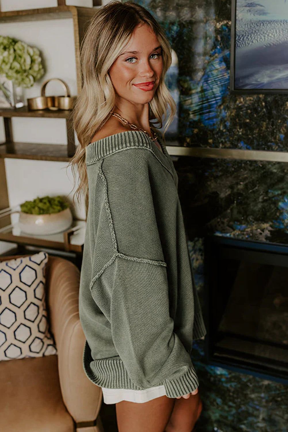 Four Leaf Clover Mineral Wash V Neck Knit Exposed Seam Drop Shoulder Loose Sweater