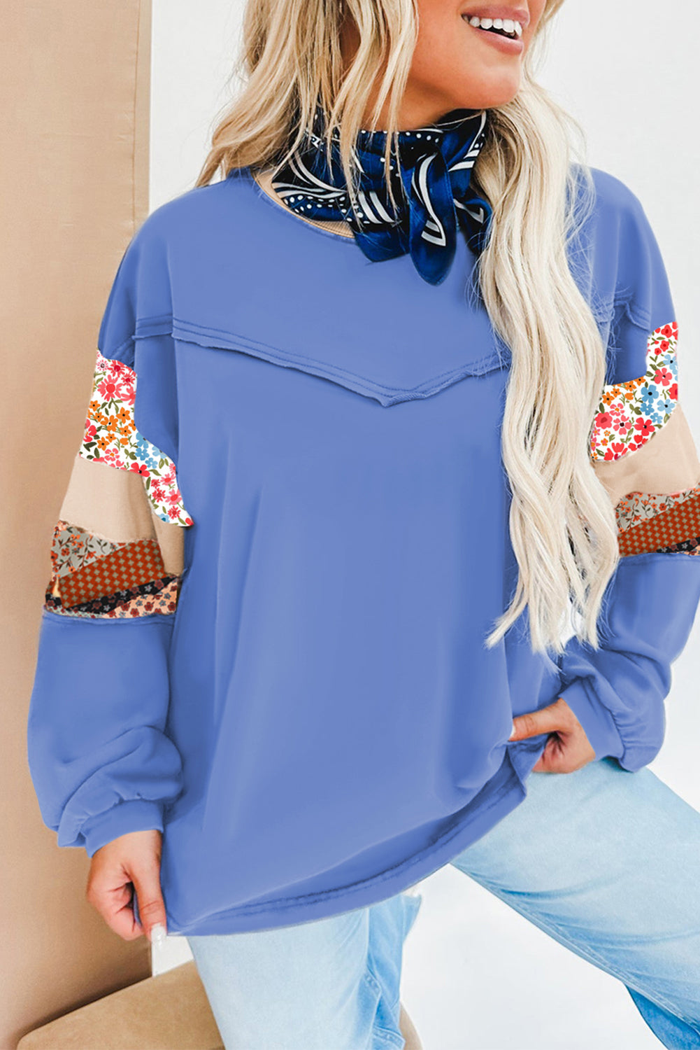 Khaki Exposed Seam Floral Mixed Patchwork Plus Size Top