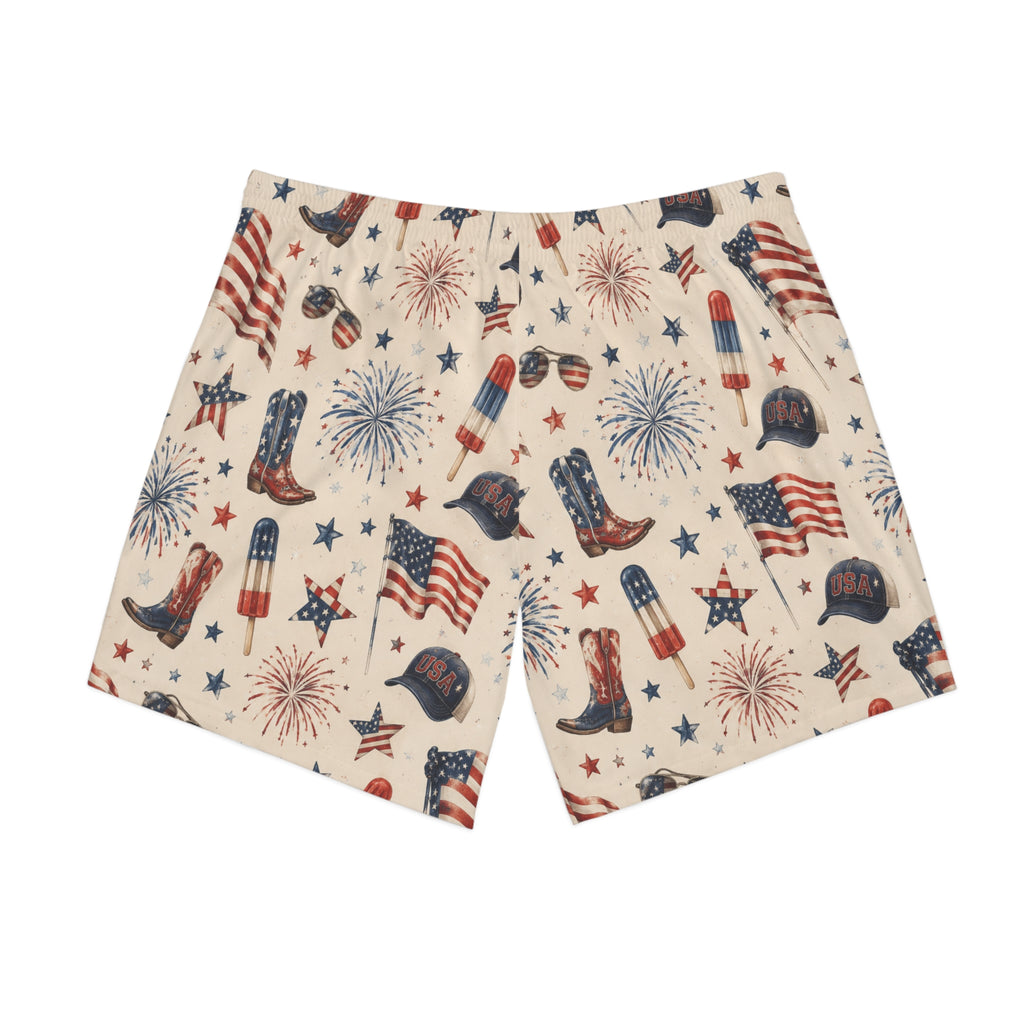 Patriotic Fourth of July Beach Shorts — American Flag Fireworks Print