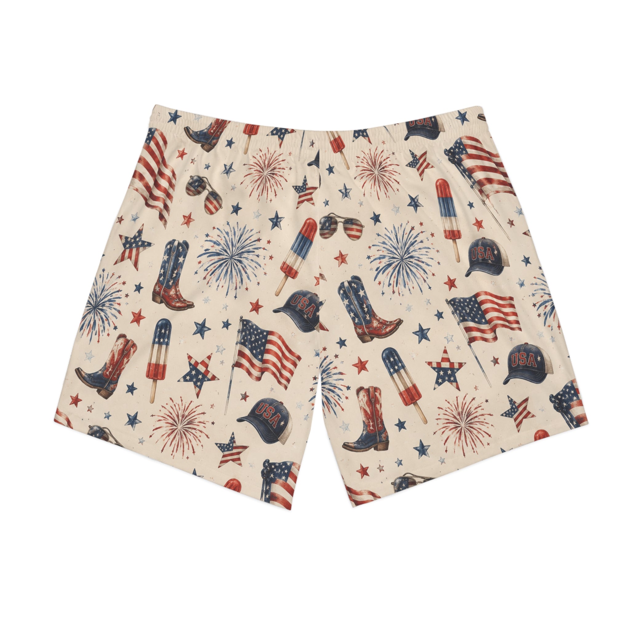 Patriotic Fourth of July Beach Shorts — American Flag Fireworks Print