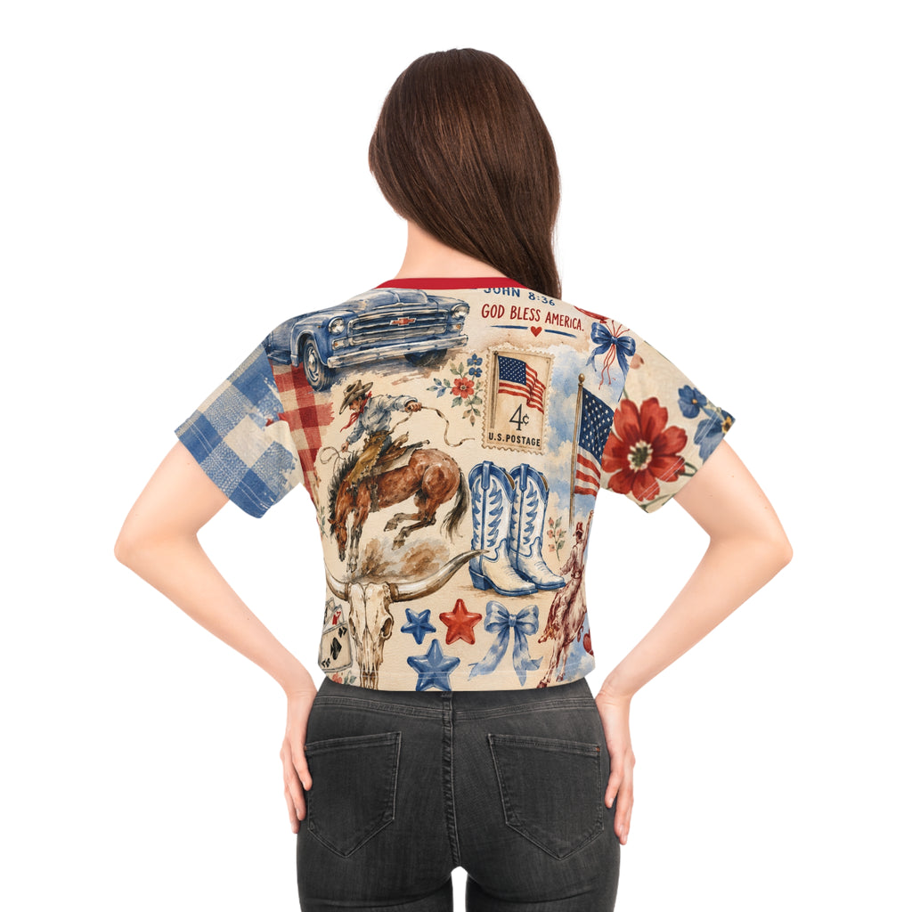 Patriotic Western Crop Tee — "So If the Son Sets You Free" Christian Americana